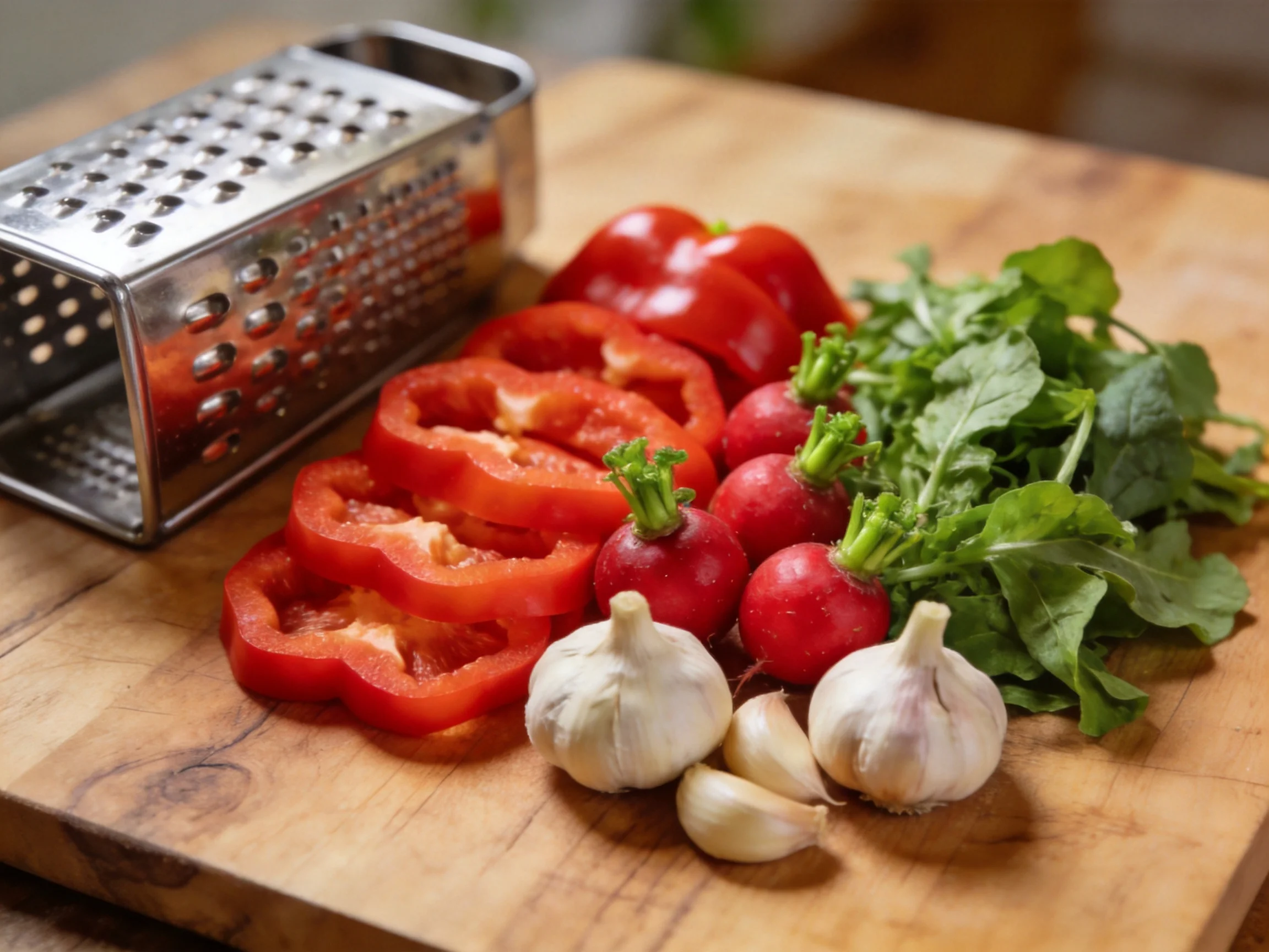 Metal grater next to sliced red bell peppers, radishes, arugula, and garlic on wooden cutting board