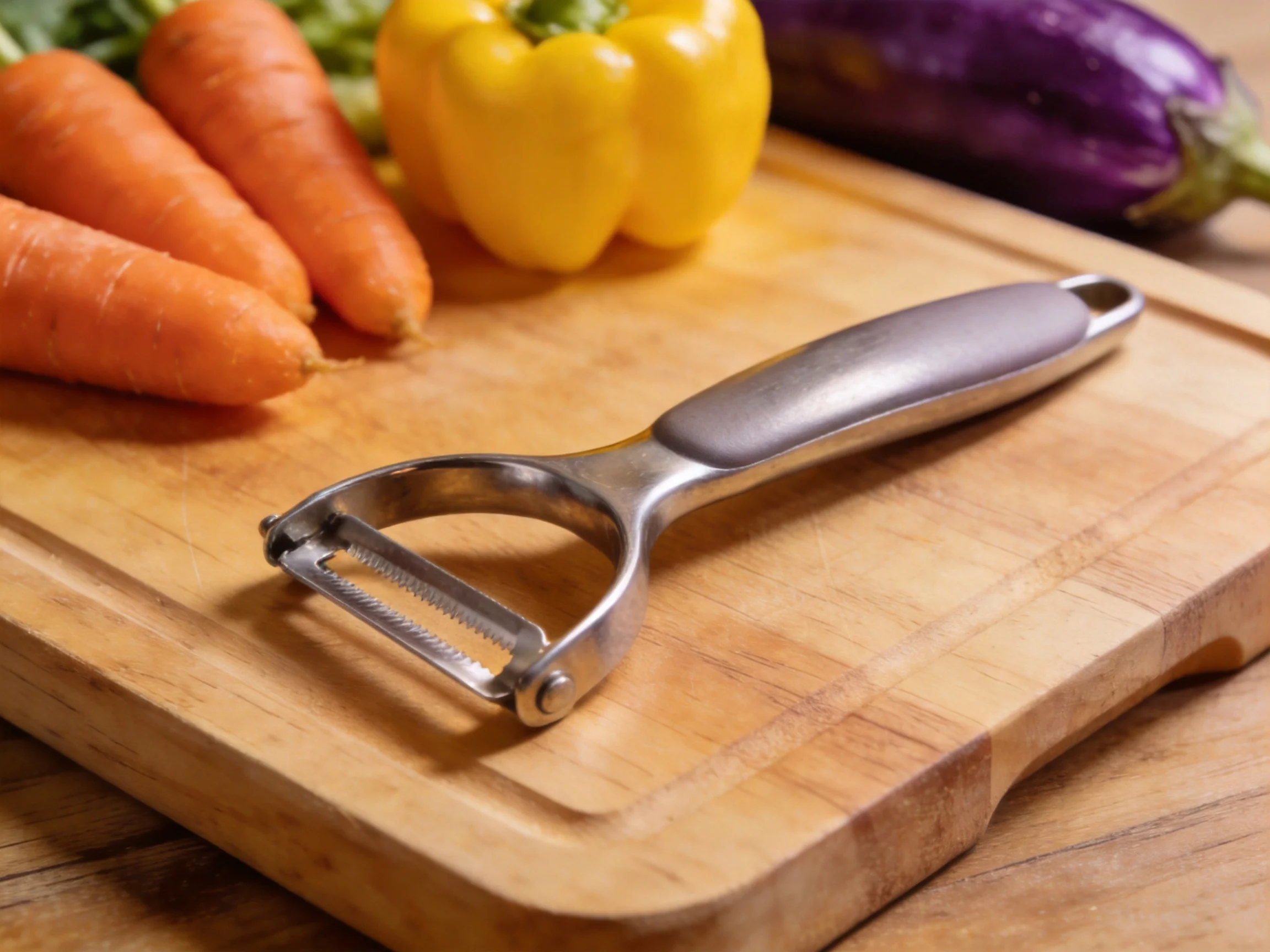 Metal peeler on wooden cutting board with carrots, yellow pepper, purple eggplant