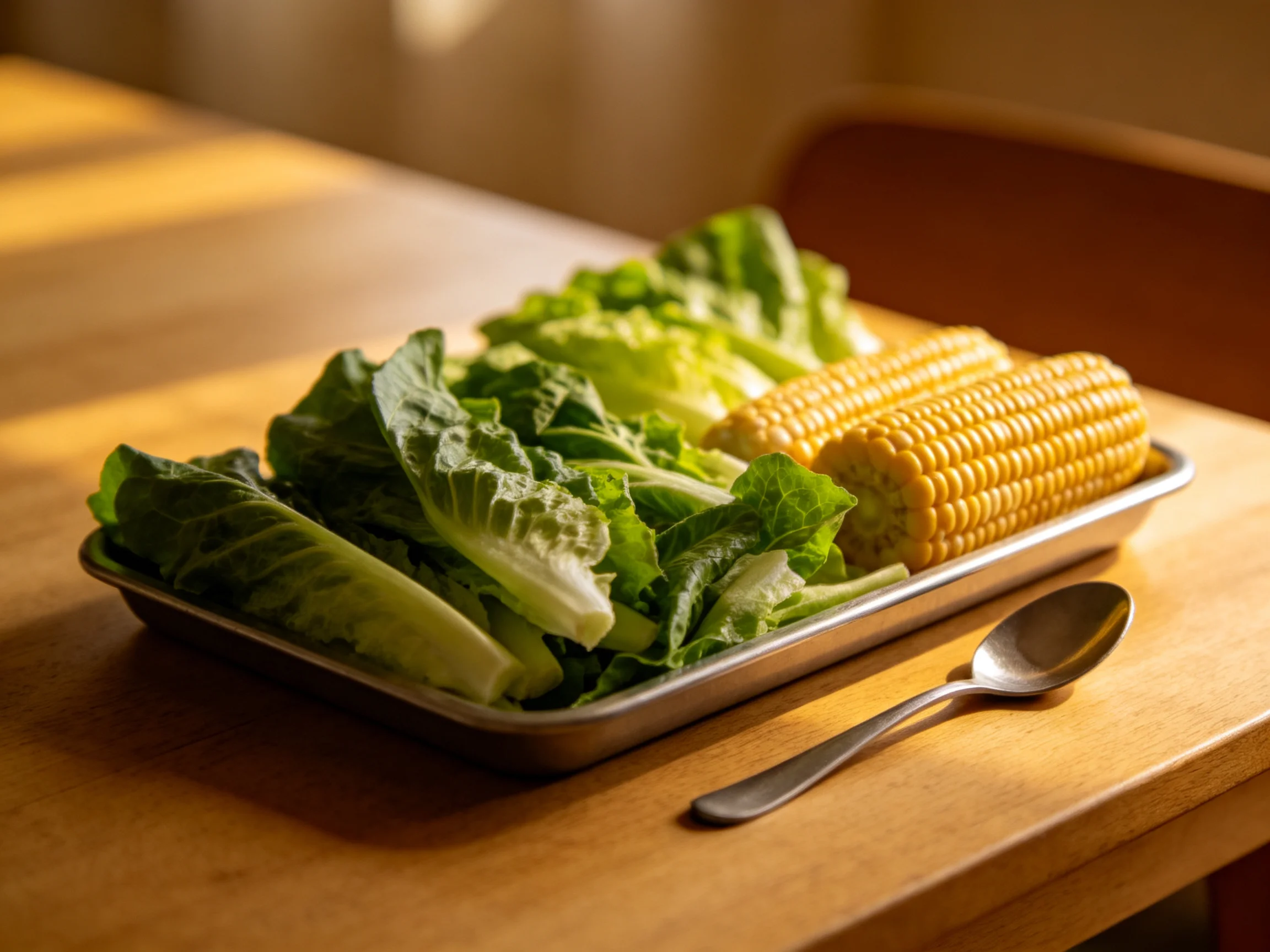 Metal tray holds fresh green lettuce and golden corn cobs on a wooden table