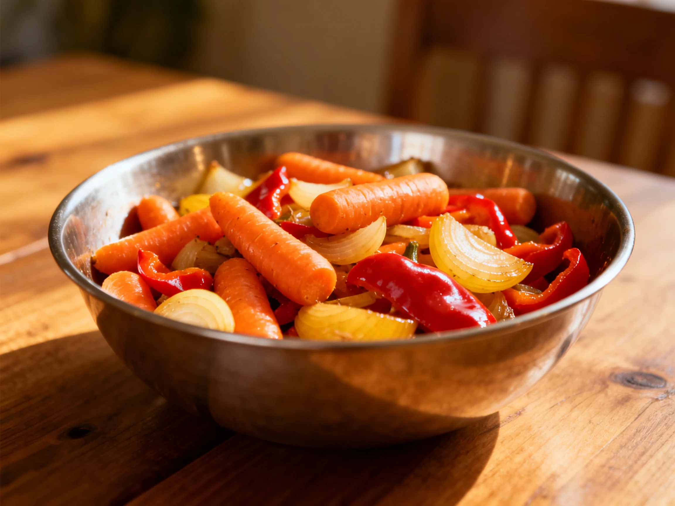 Metallic bowl holds roasted baby carrots, red peppers, and sliced onions