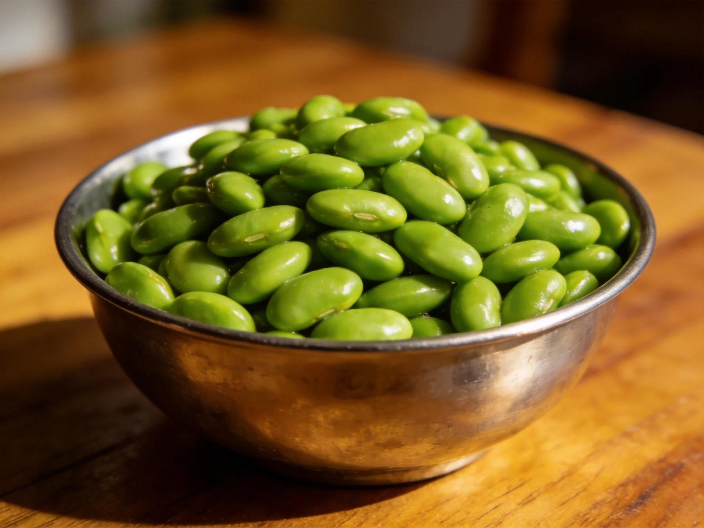Metallic bowl overflowing with vibrant green edamame on wooden surface