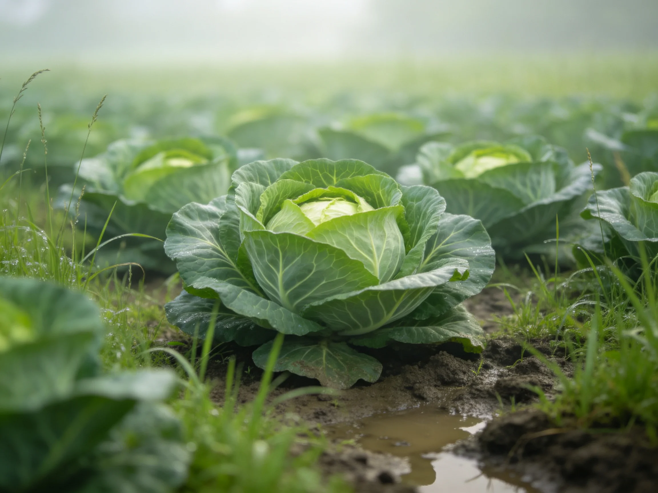 Misty farm field of large green cabbage heads
