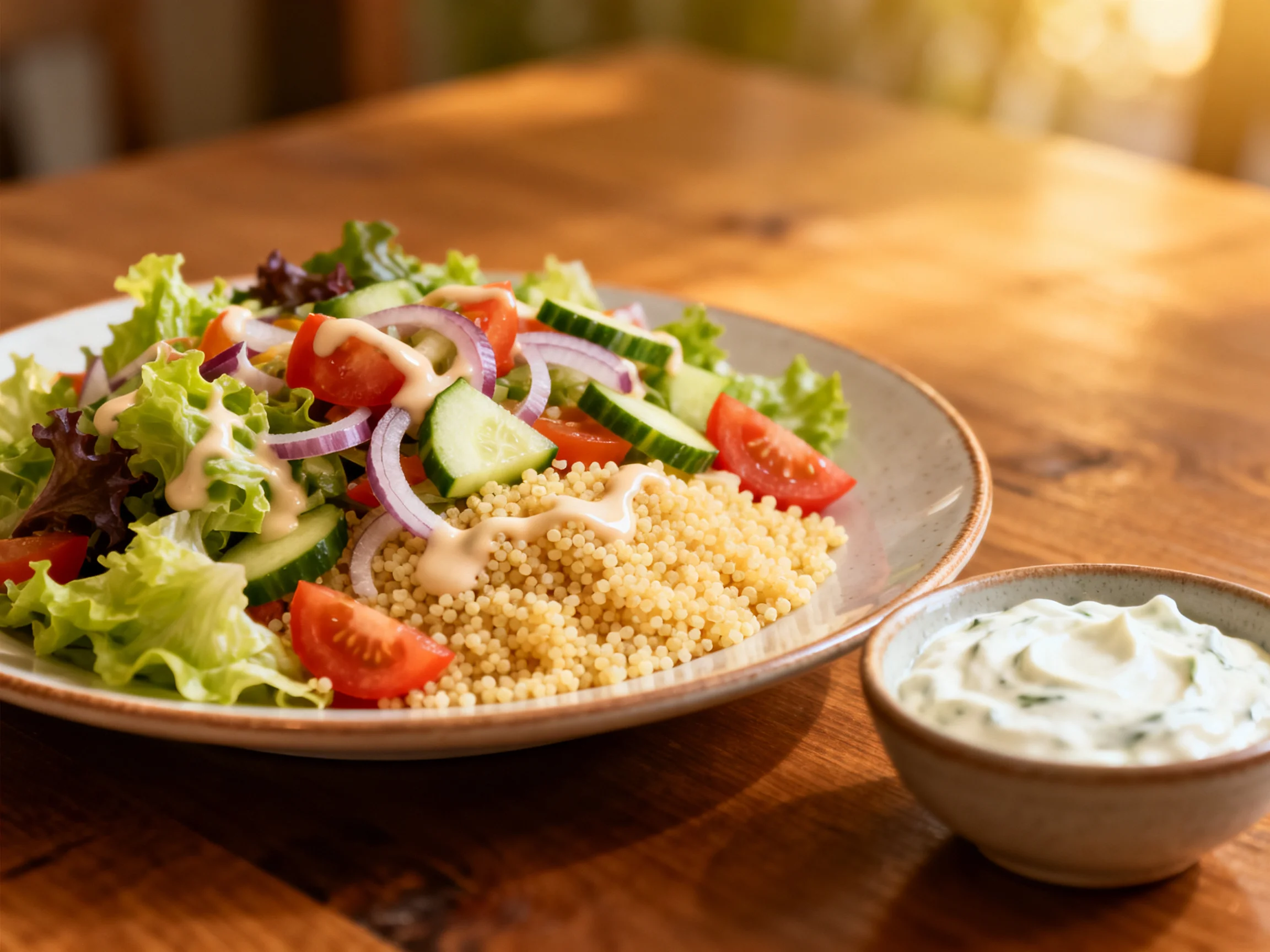 Mixed green salad with couscous and creamy dressing on a wooden table
