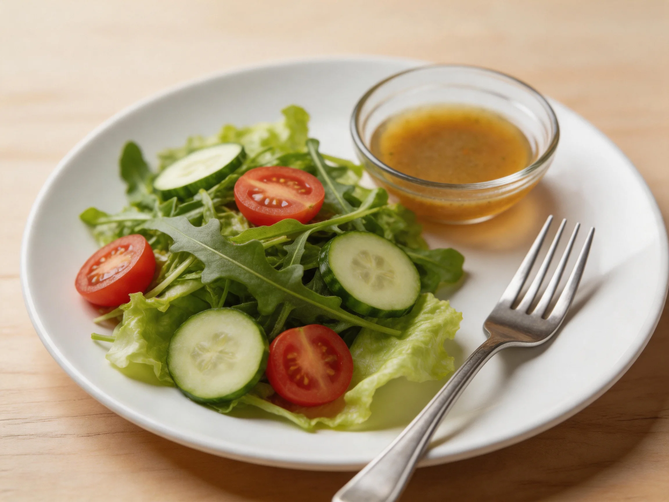 Mixed greens salad with cherry tomatoes, cucumber slices, dressing, and fork on white plate