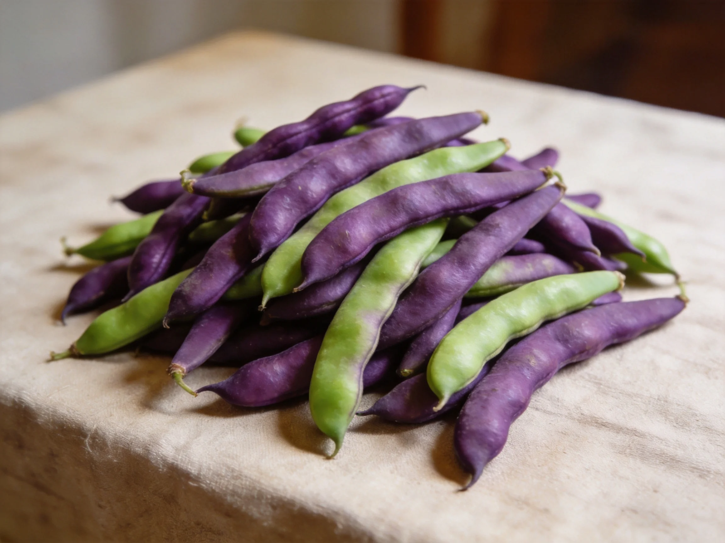 Mixed purple and green bean pods piled on a light-colored surface