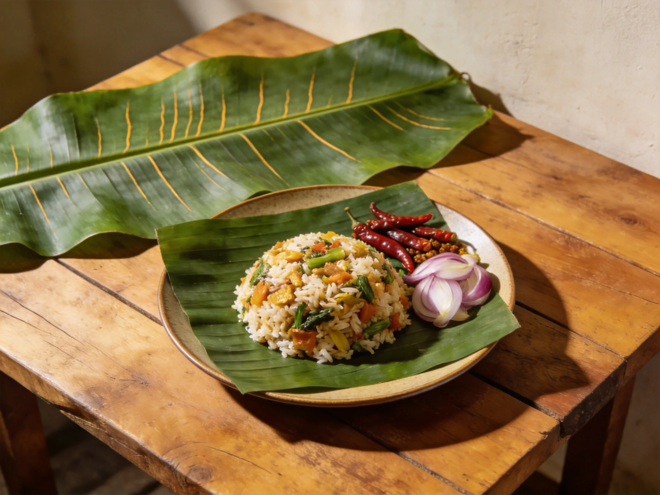 Mixed vegetable rice served on a banana leaf with chilies and onions on a rustic wooden table