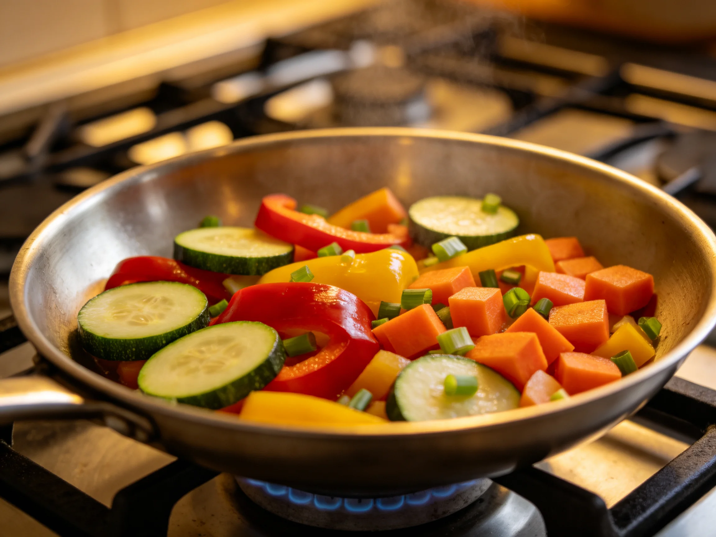 Mixed vegetables cooking in a stainless steel pan on a gas stove