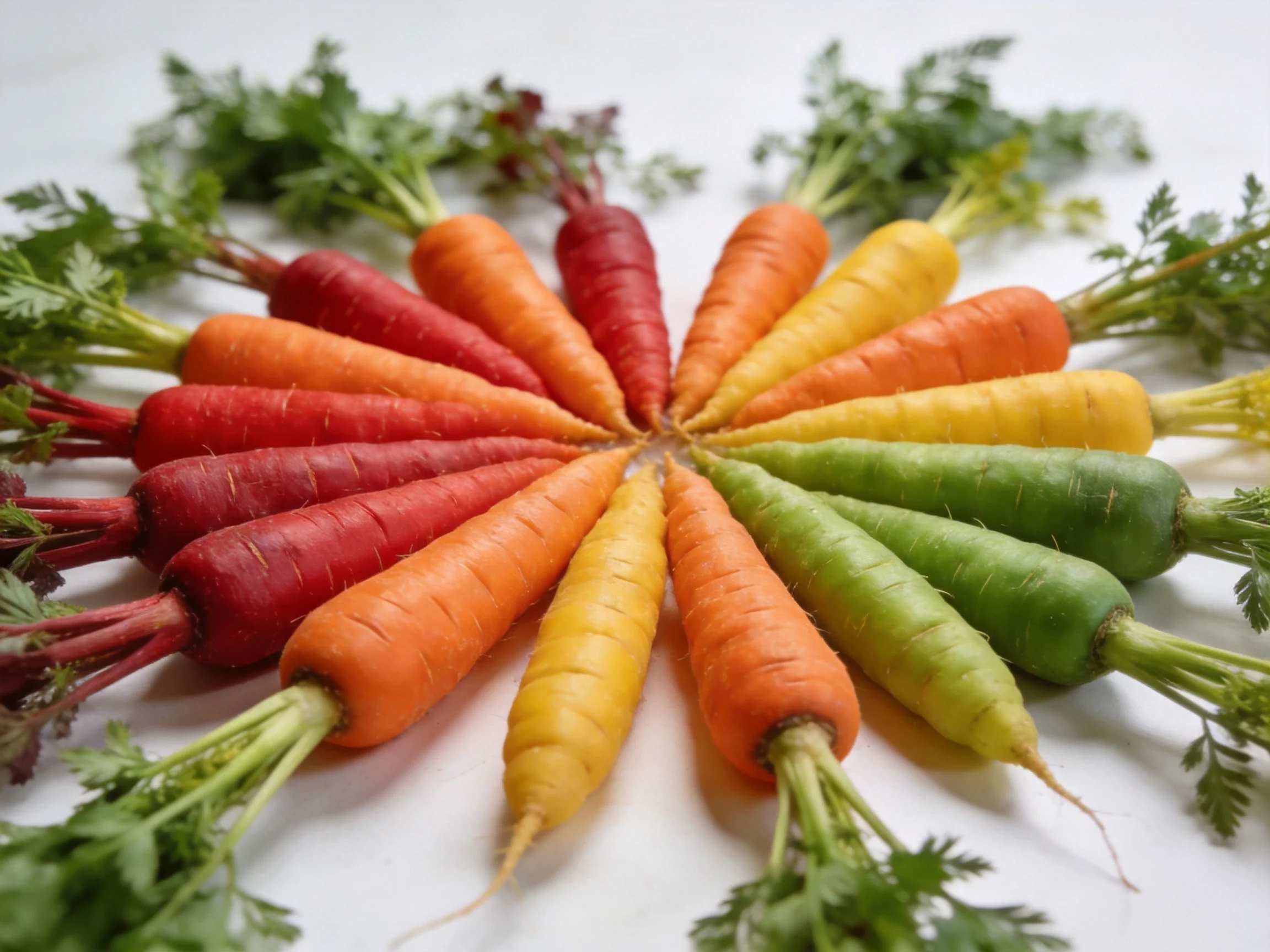 Multicolored carrots arranged in a circular pattern with green tops on a white background