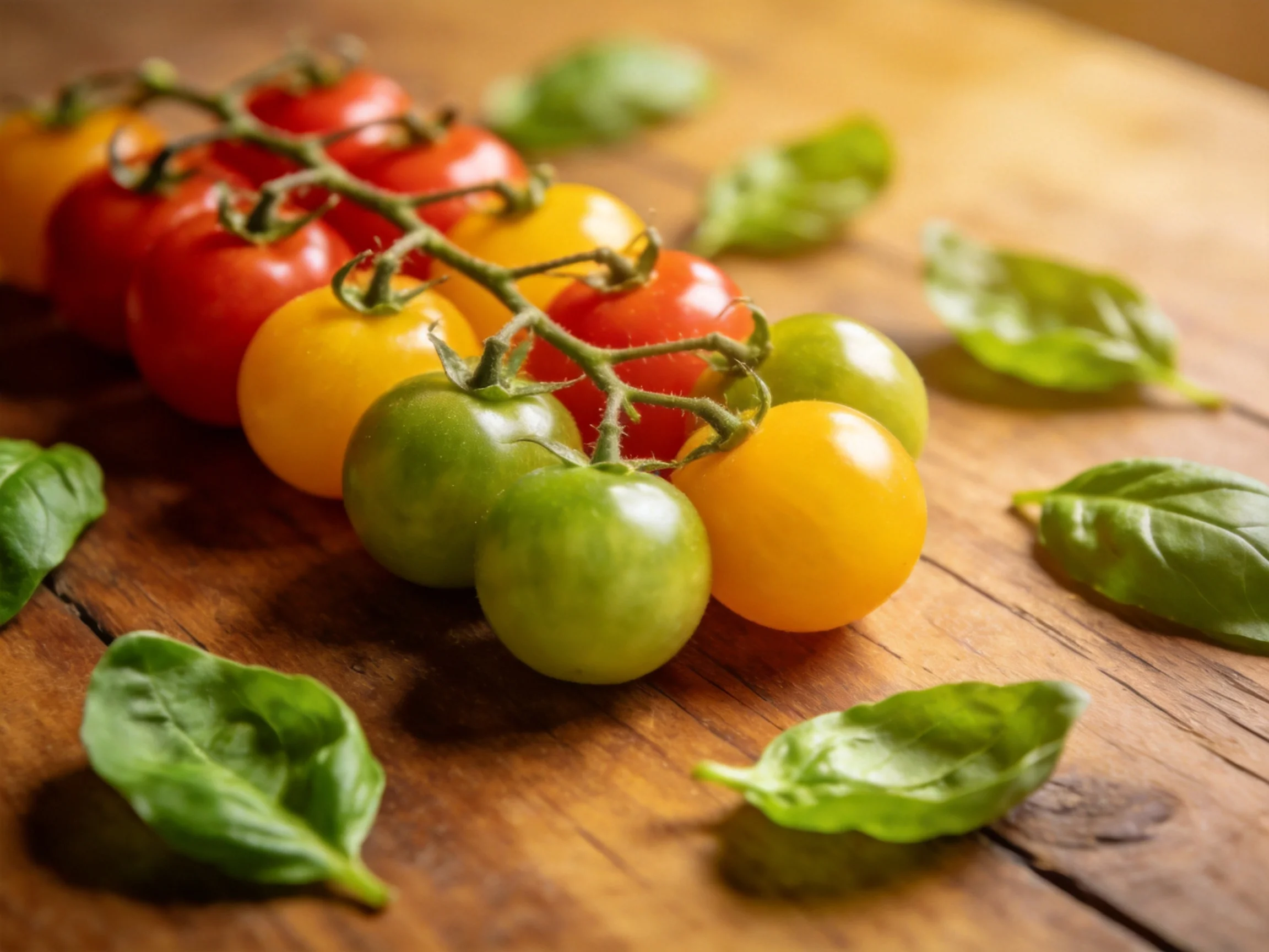 Multicolored cherry tomatoes on vine with basil leaves on wooden surface