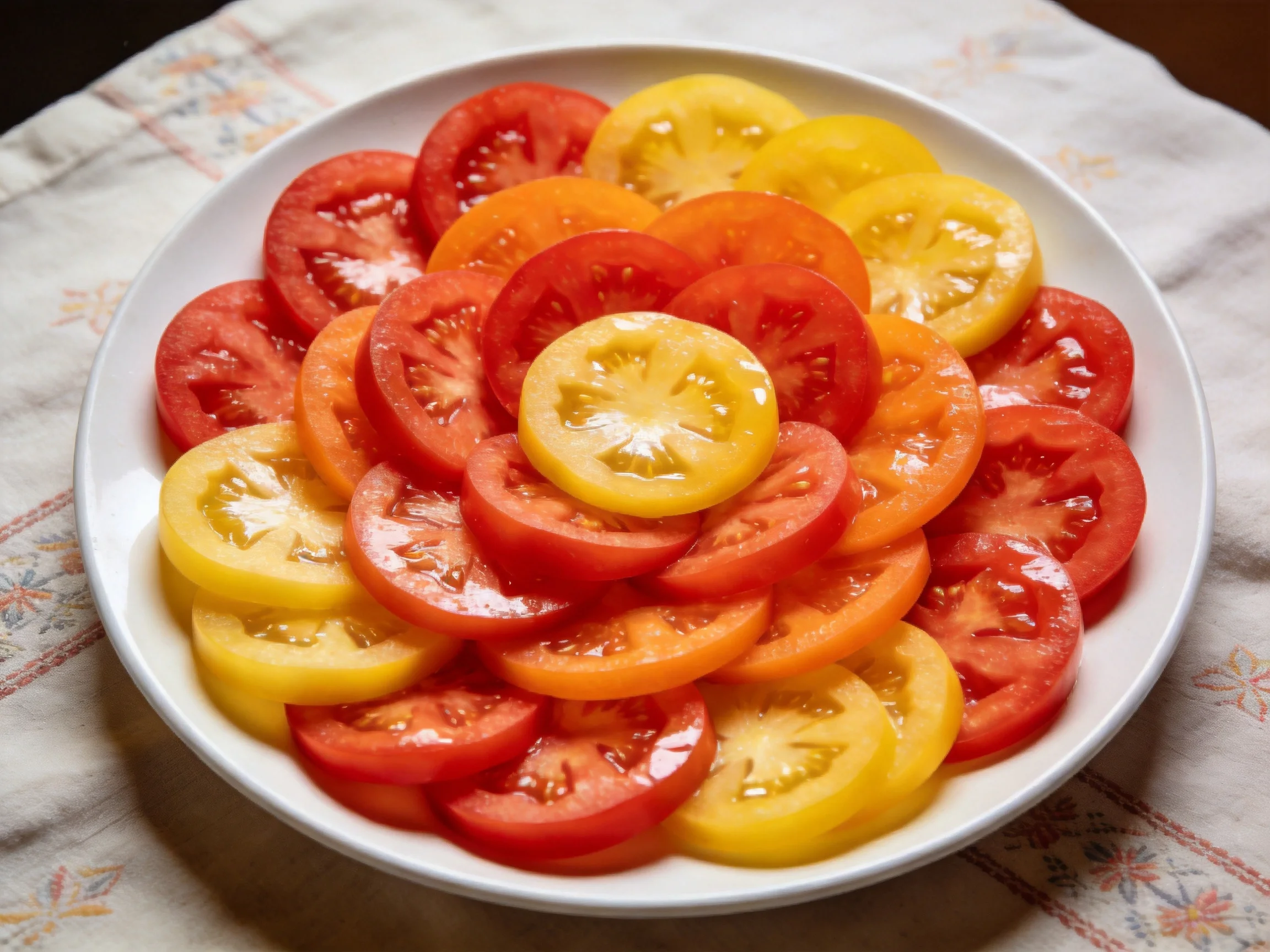 Multicolored tomato slices artfully arranged on a white plate