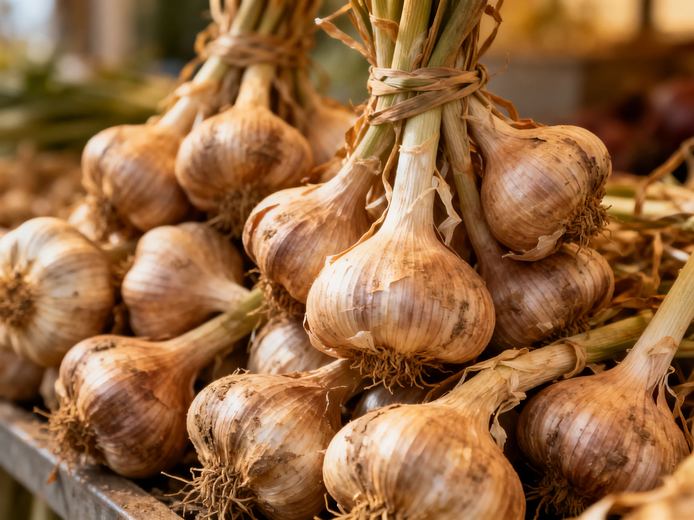 Multiple Bundles of Earth-Tone Garlic Stacked in a Market