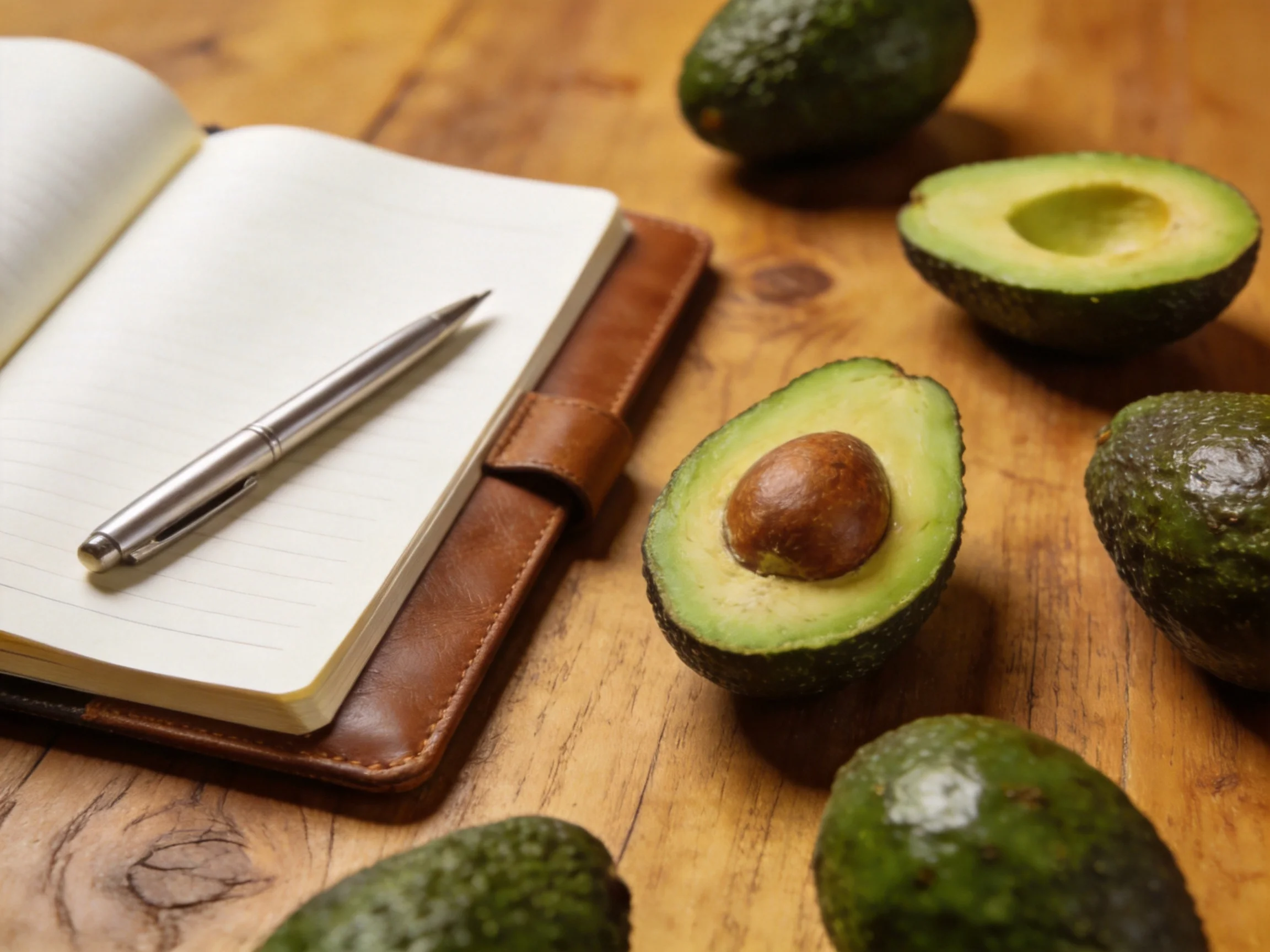 Multiple avocados, two halved, near an open leather notebook with a silver pen on wood
