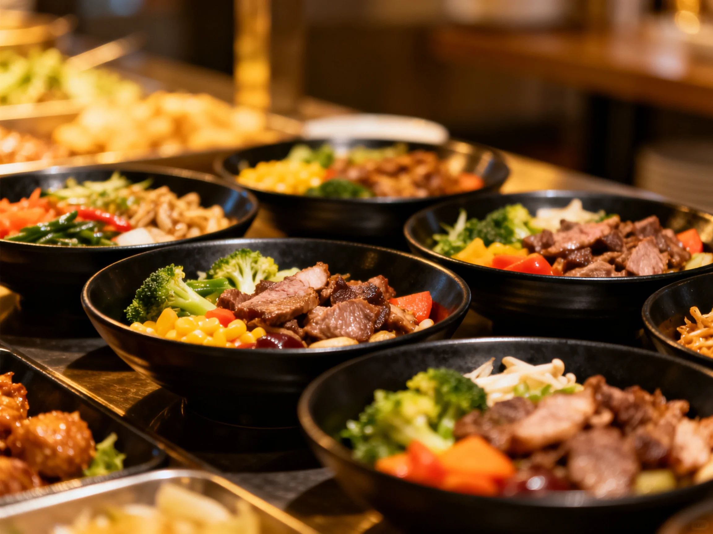 Multiple black bowls with colorful Asian mixed dishes