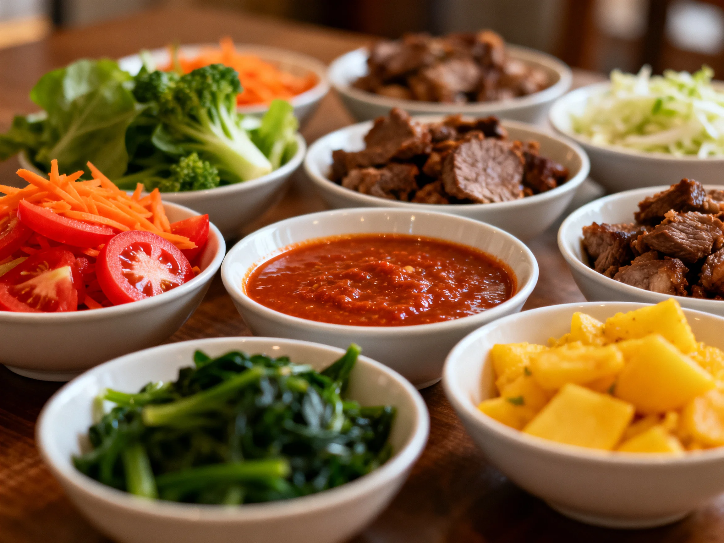 Multiple bowls hold vibrant vegetables, meats, and savory sauces on a wooden surface.