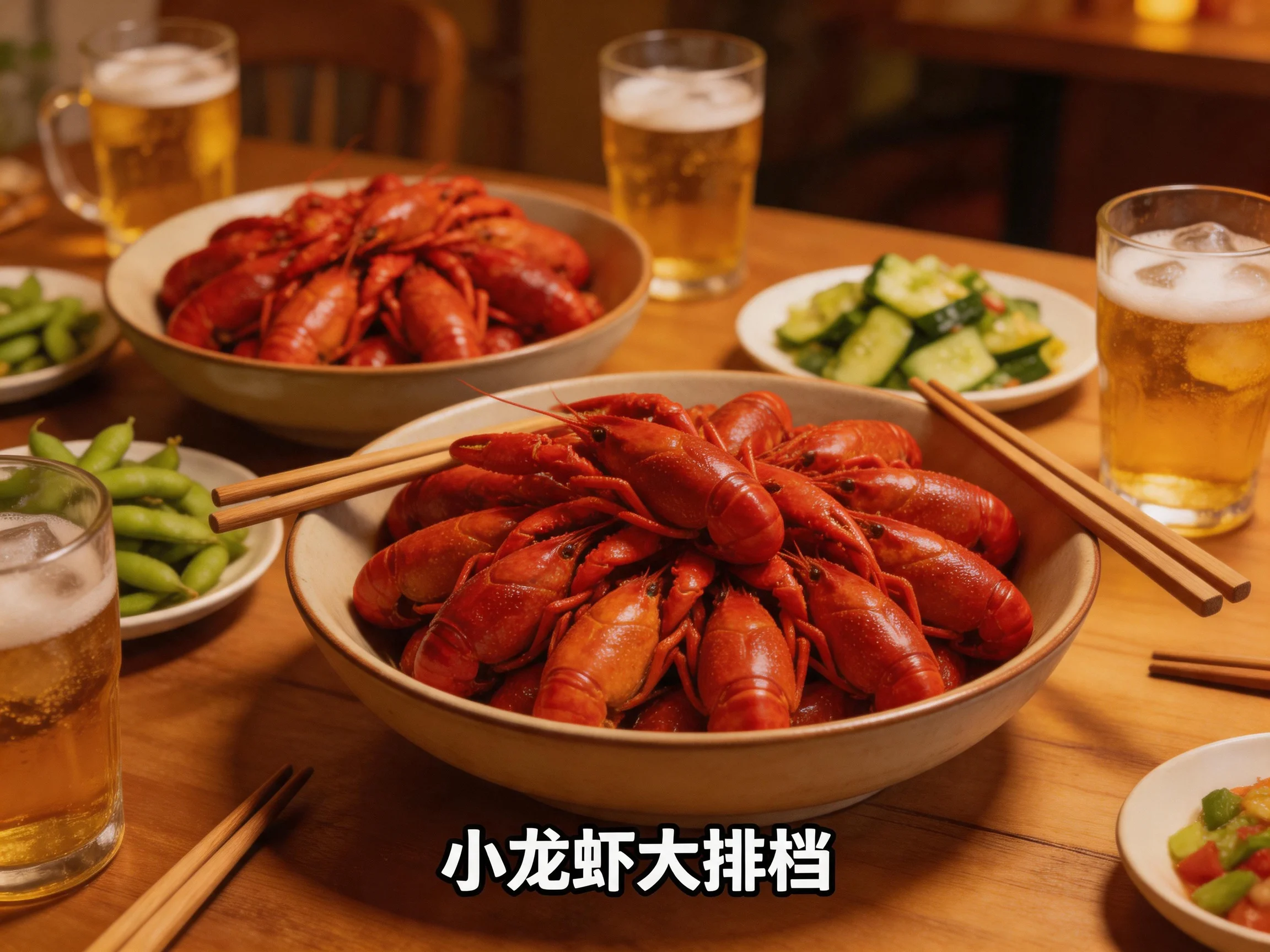 Multiple bowls of bright red crayfish fill a wooden table with beer and sides