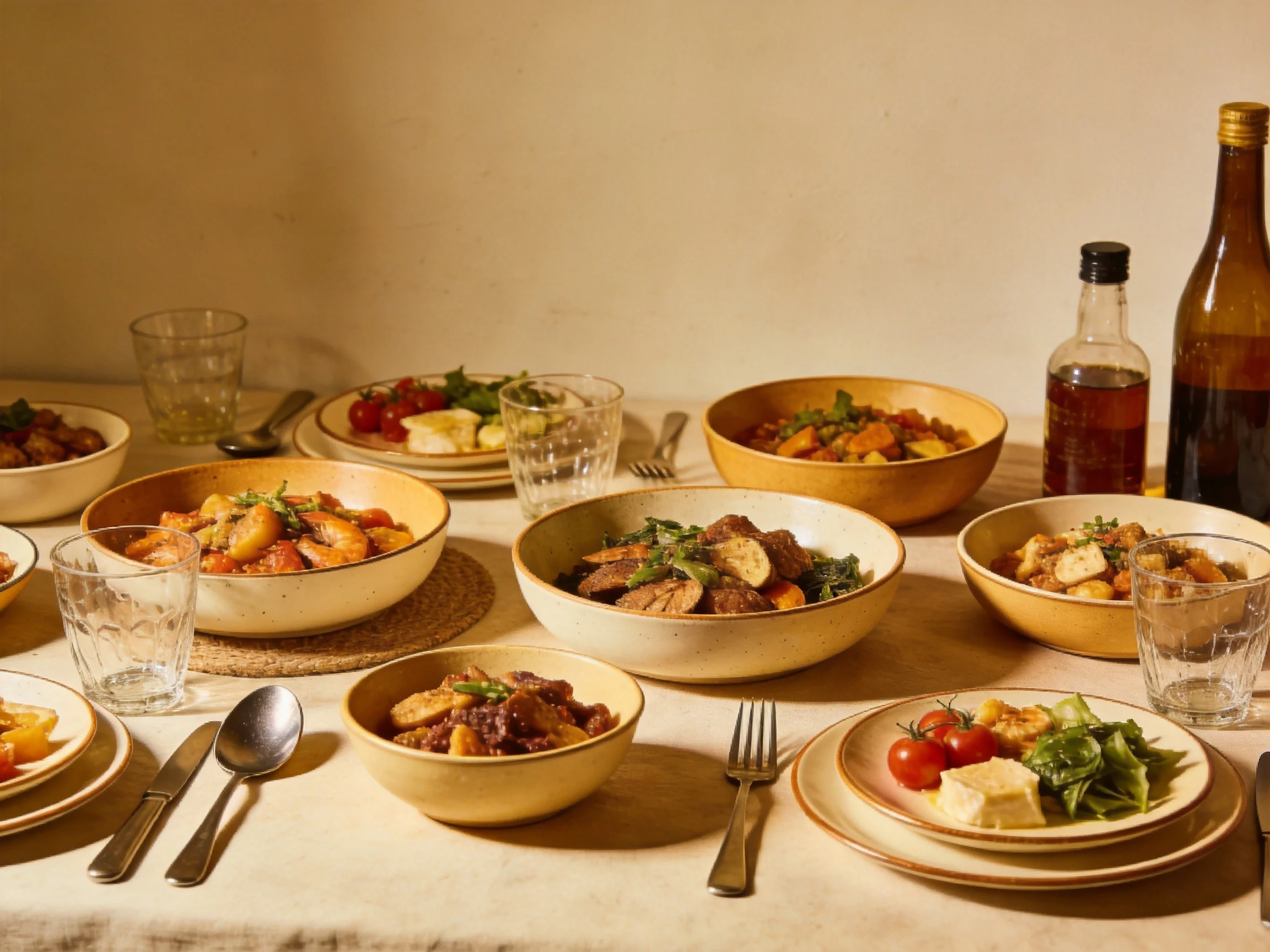 Multiple bowls of colorful stews and dishes arranged on a beige table with glassware and utensils
