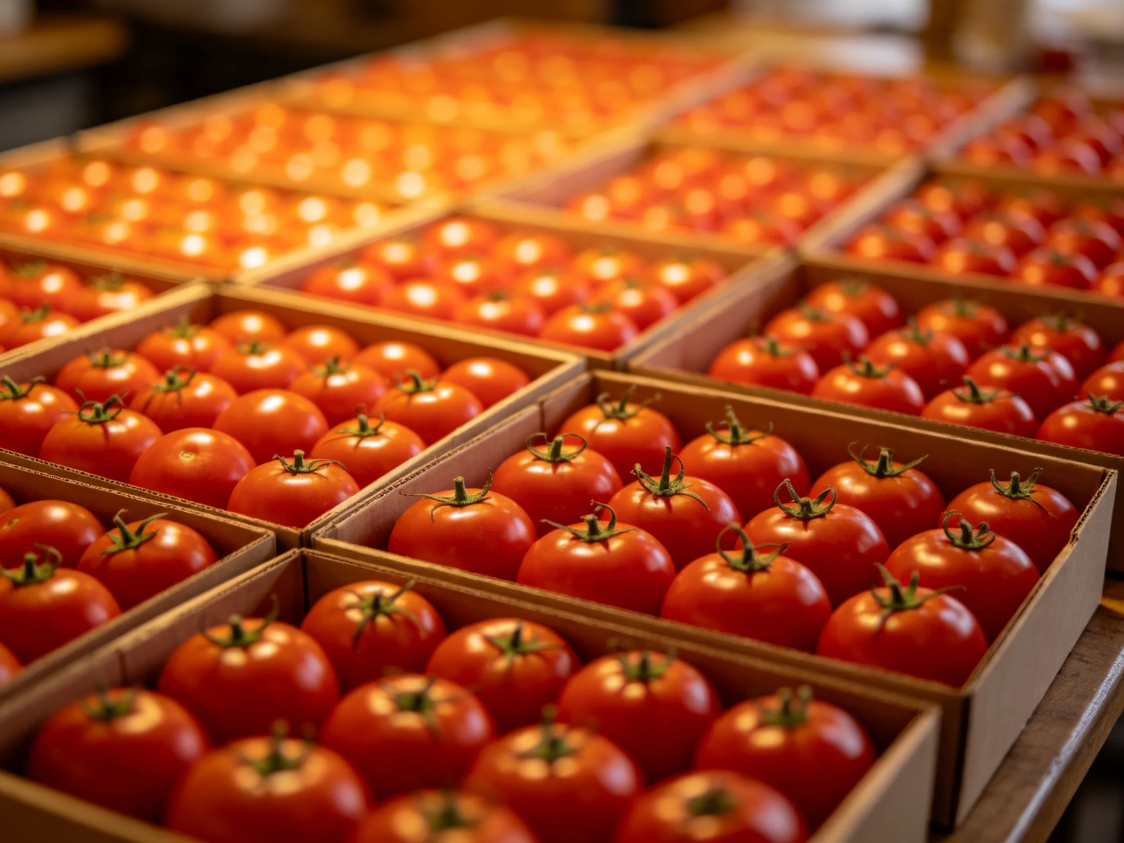 Multiple cardboard boxes filled with fresh, vibrant red tomatoes in a market arrangement