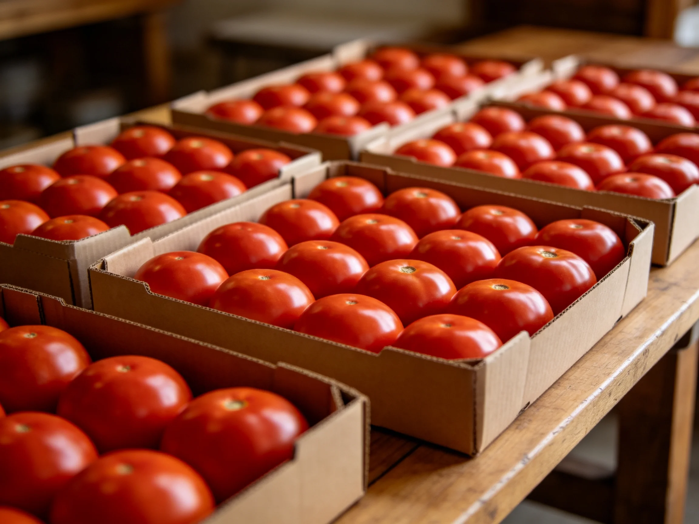 Multiple cardboard boxes filled with vibrant red tomatoes arranged on a wooden table