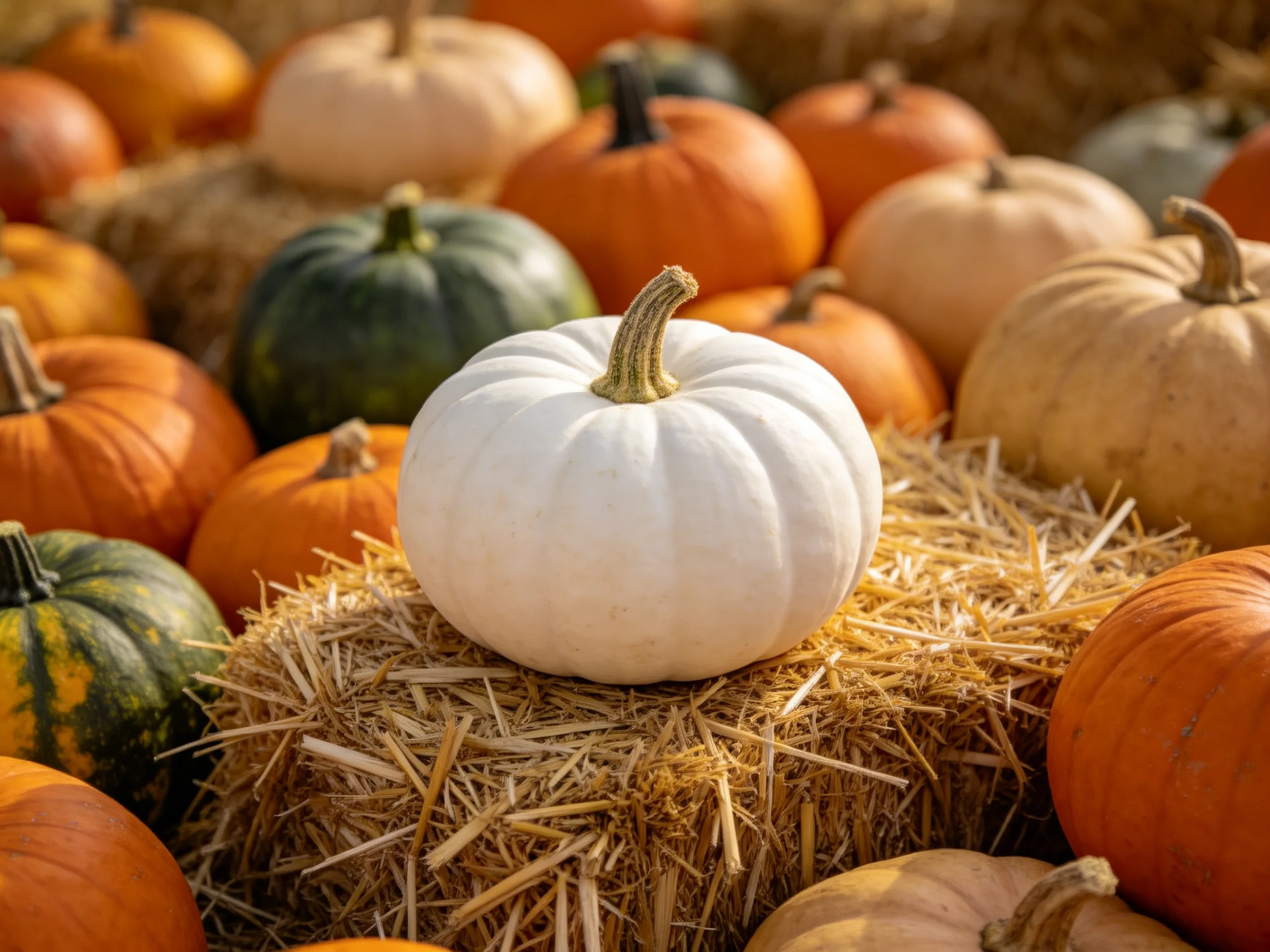 Multiple colored pumpkins surround a single white pumpkin atop straw bales
