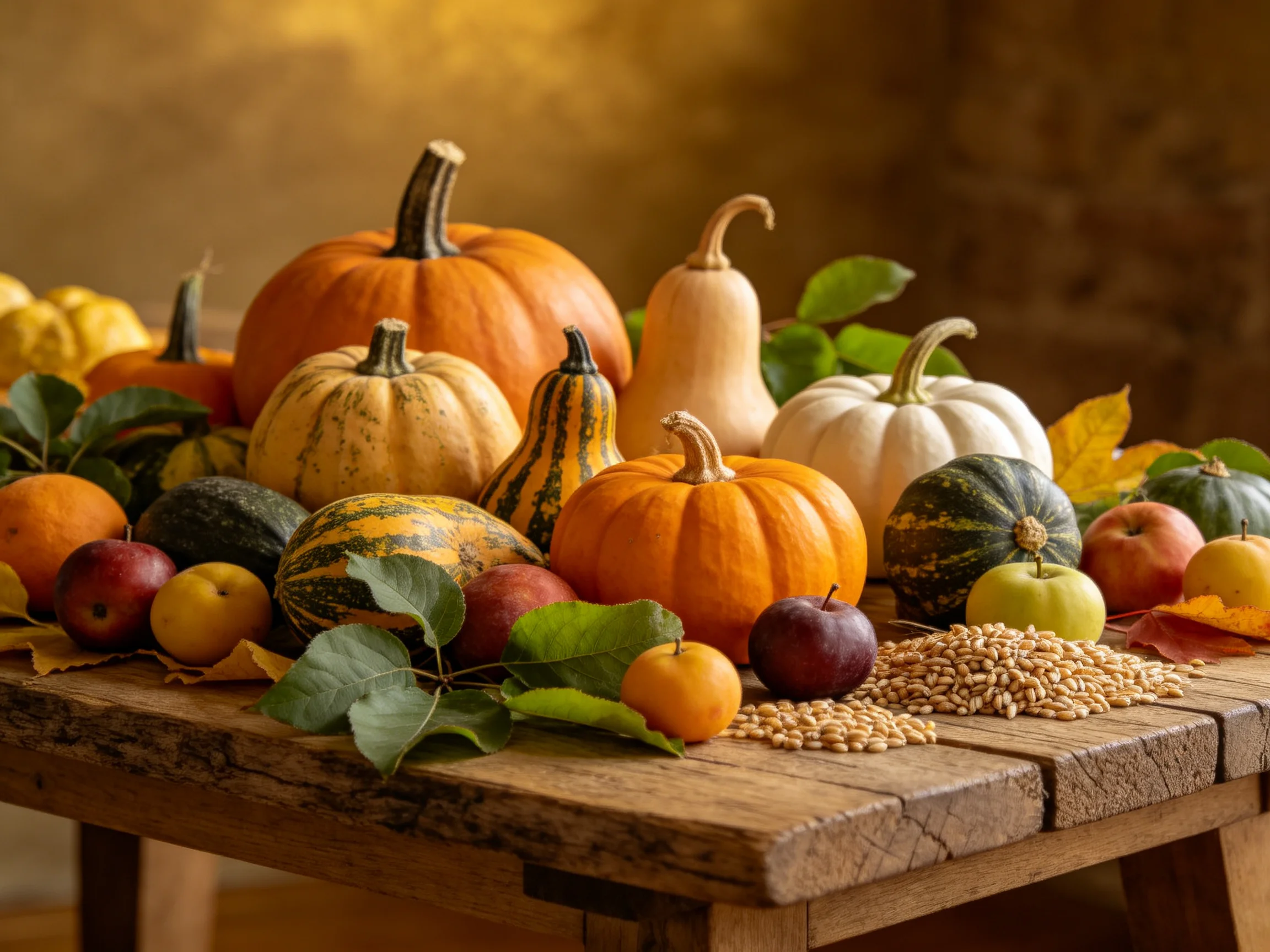Multiple colored squashes, gourds, fruits, and grains arranged on rustic wooden table