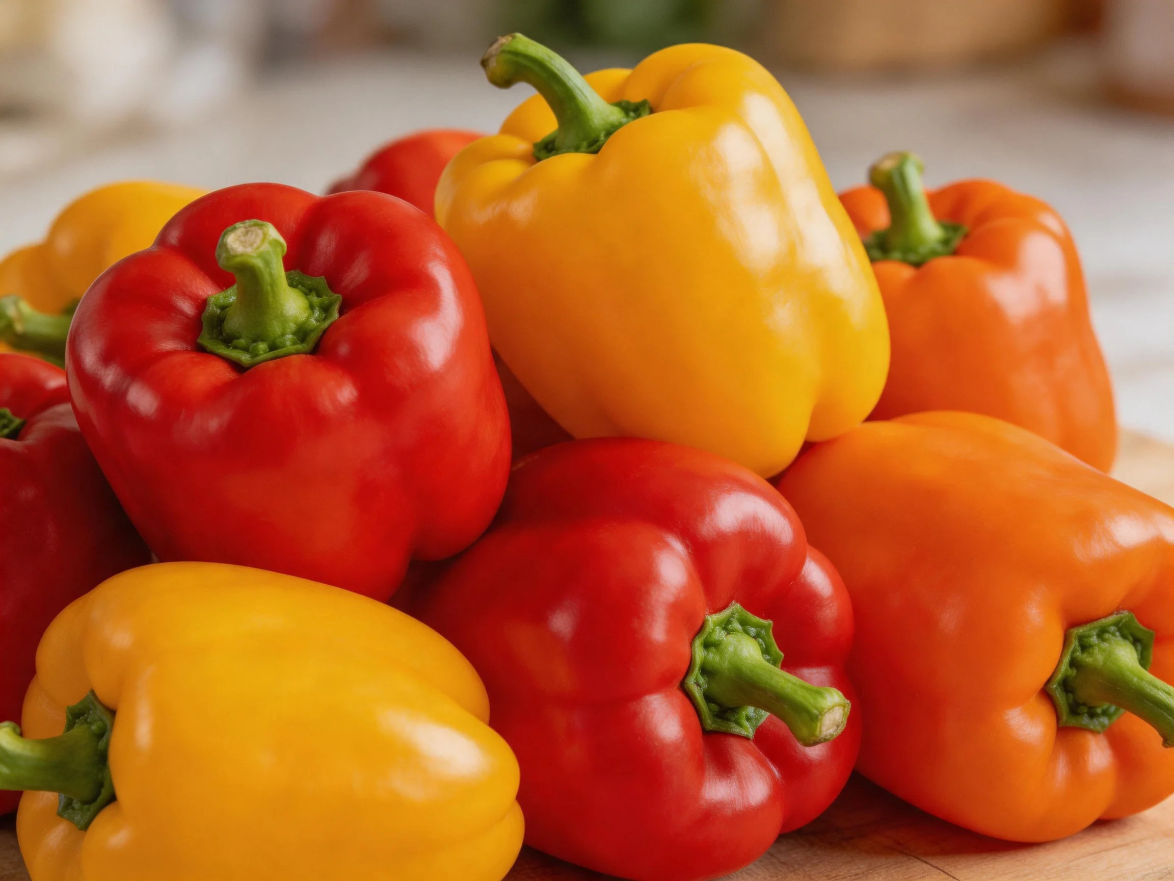 Multiple colorful bell peppers arranged in a vibrant display with red, yellow, and orange varieties