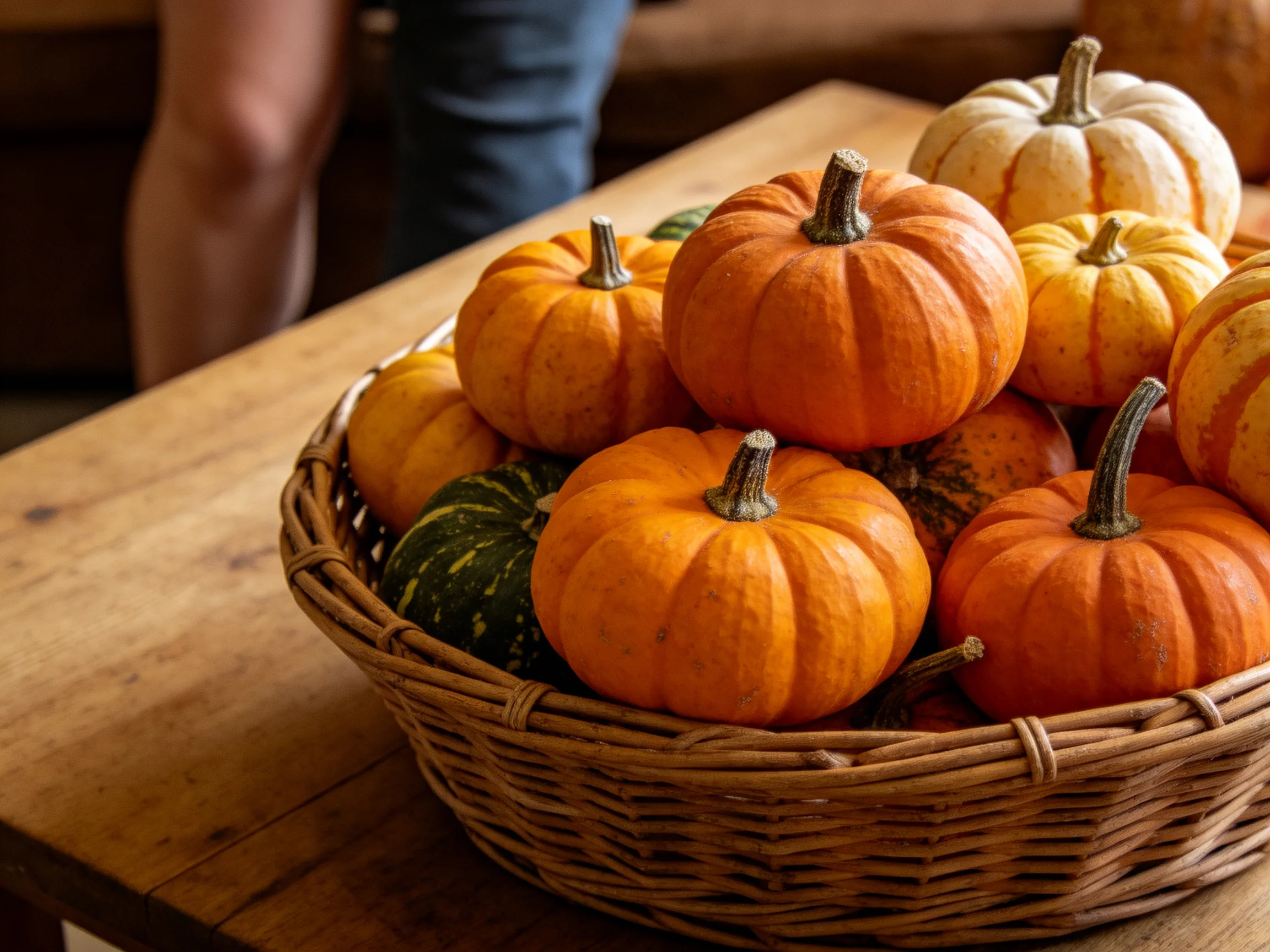 Multiple colorful mini pumpkins fill a wicker basket on wooden table