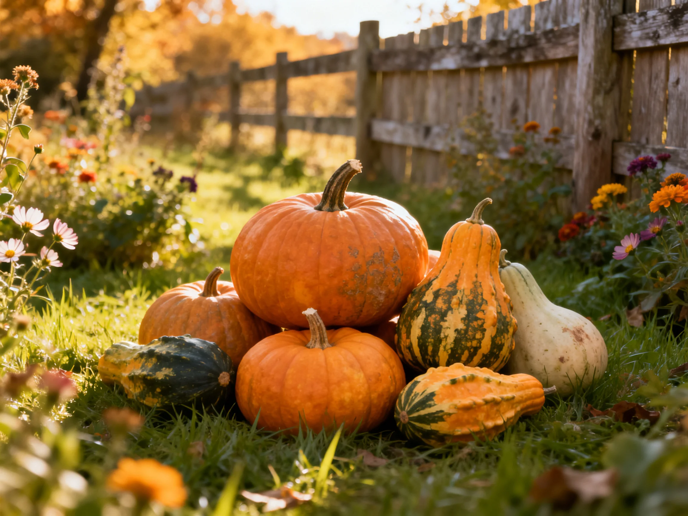 Multiple colorful pumpkins and gourds arranged near wooden fence