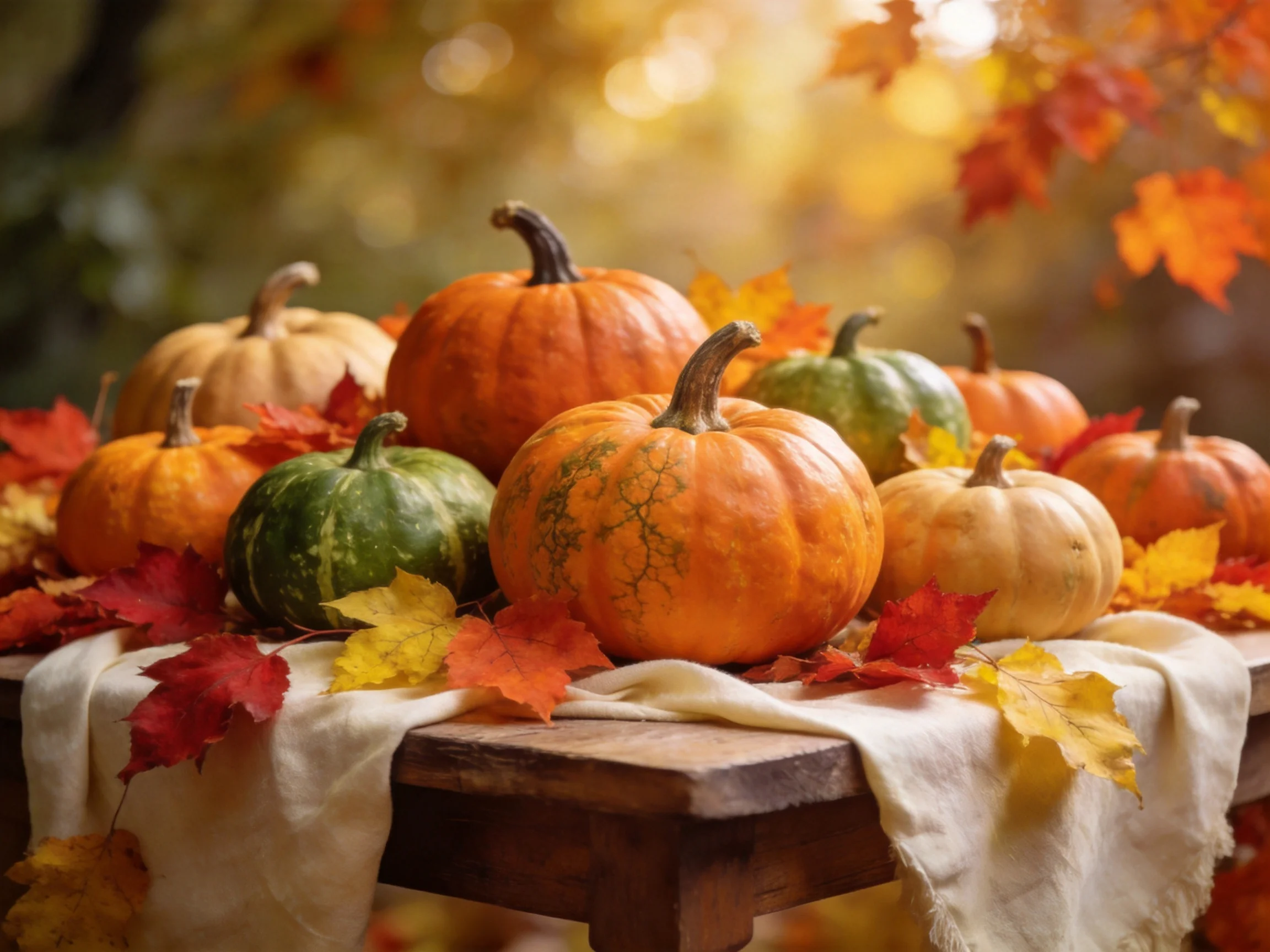 Multiple colorful pumpkins arranged among autumn leaves on rustic wooden table