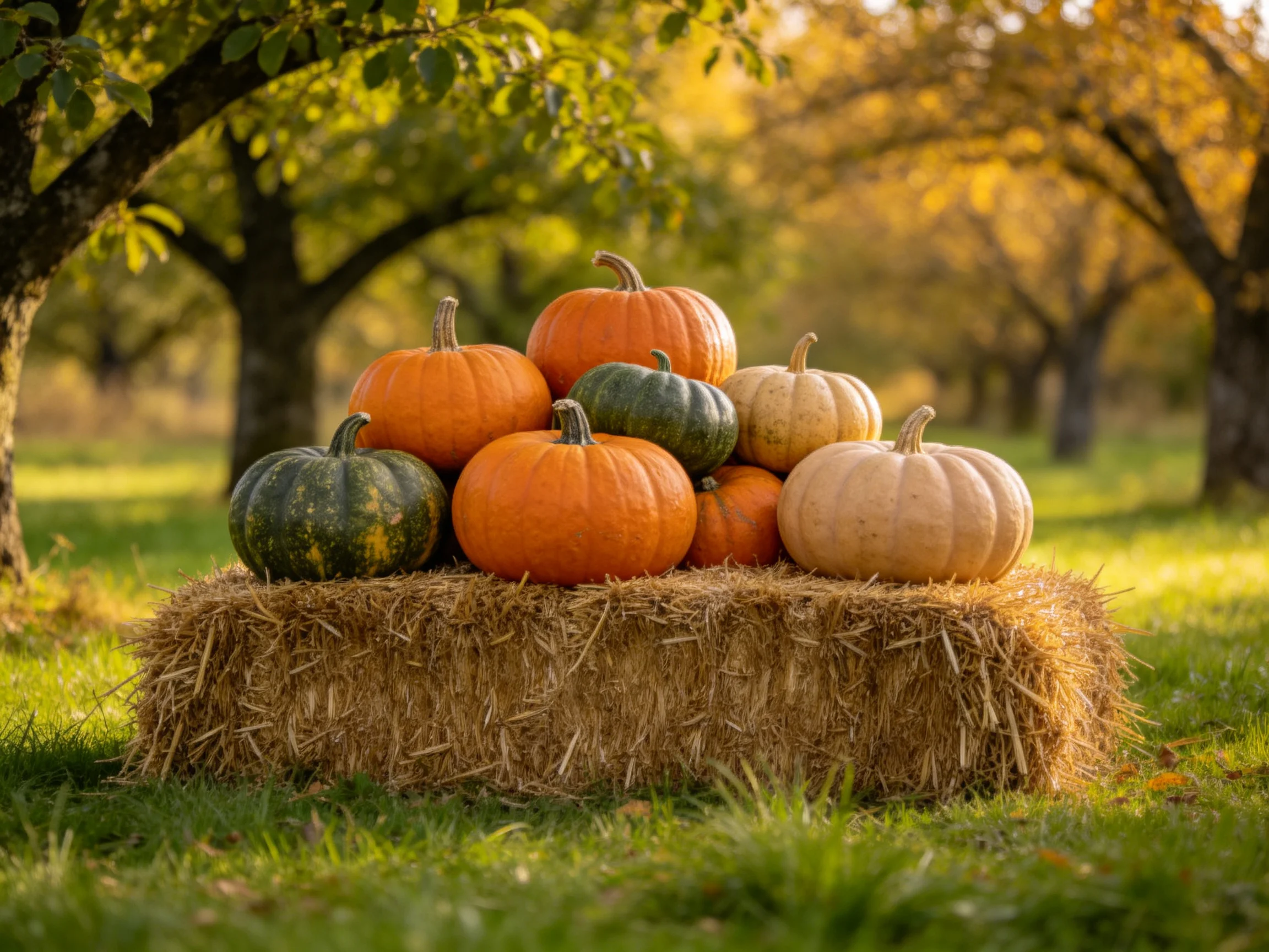 Multiple colorful pumpkins stacked on a straw bale in autumnal orchard