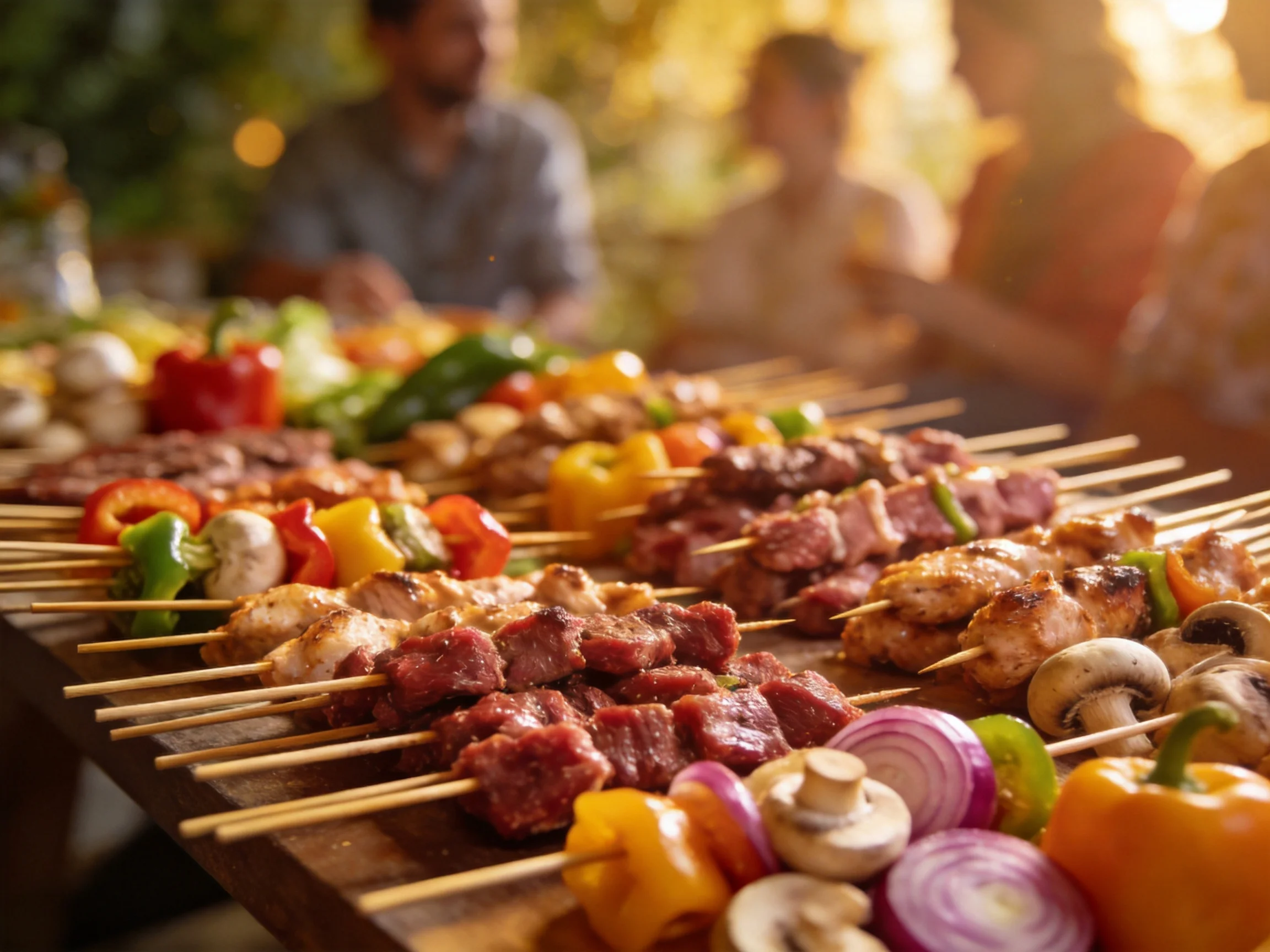 Multiple colorful skewer platters with assorted meats and veggies outdoors