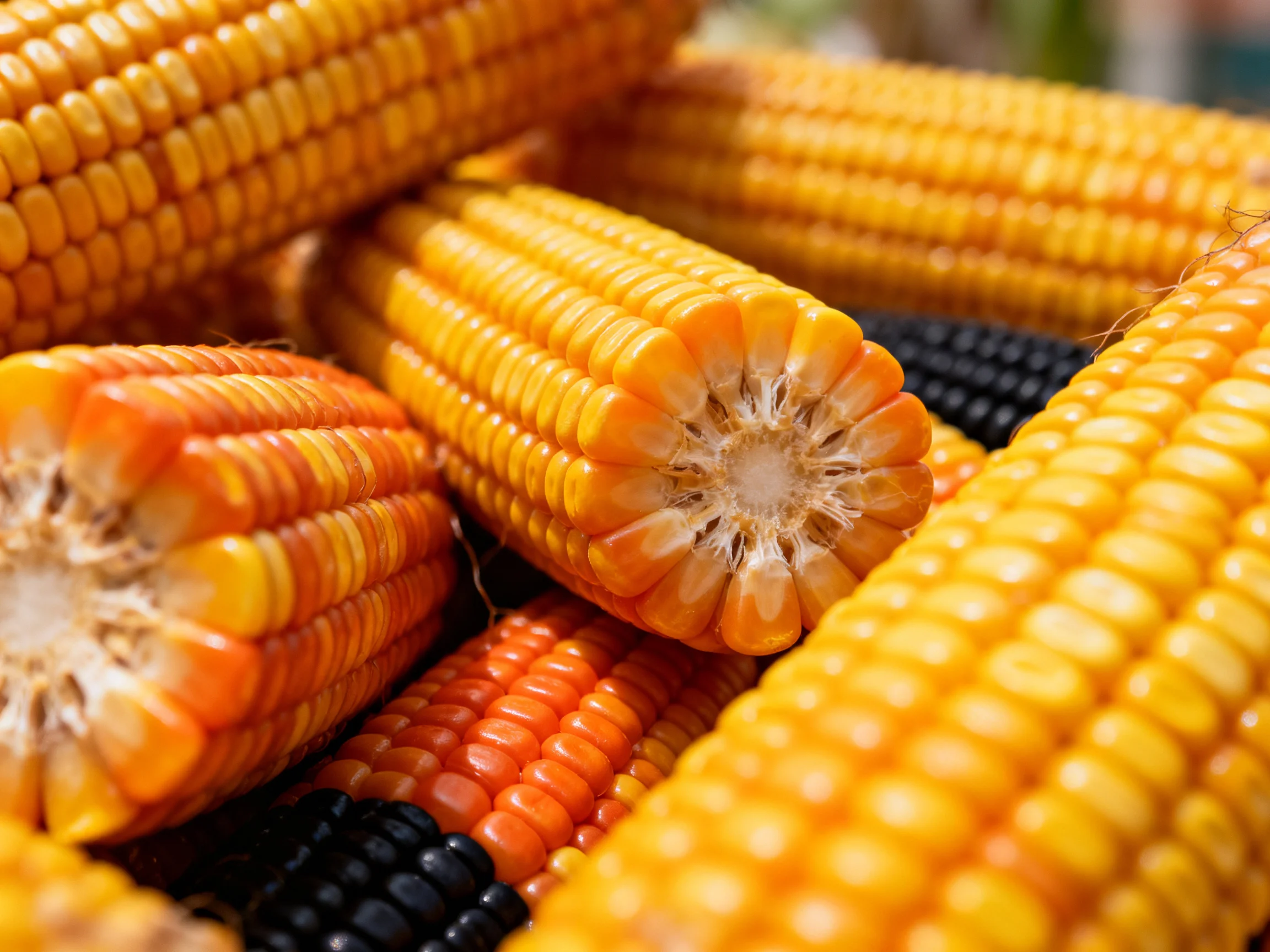Multiple ears of vibrant multicolored corn clustered together