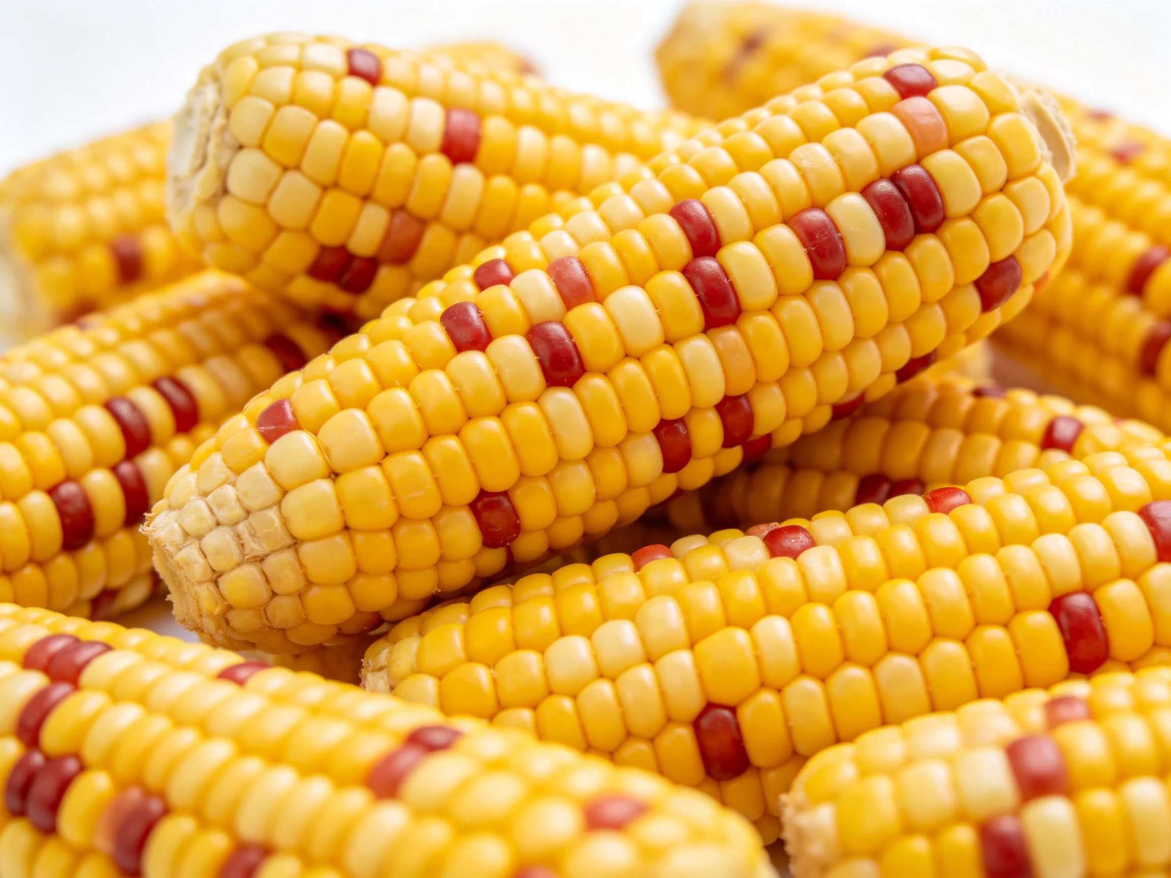 Multiple ears of yellow and red patterned corn stacked closely together