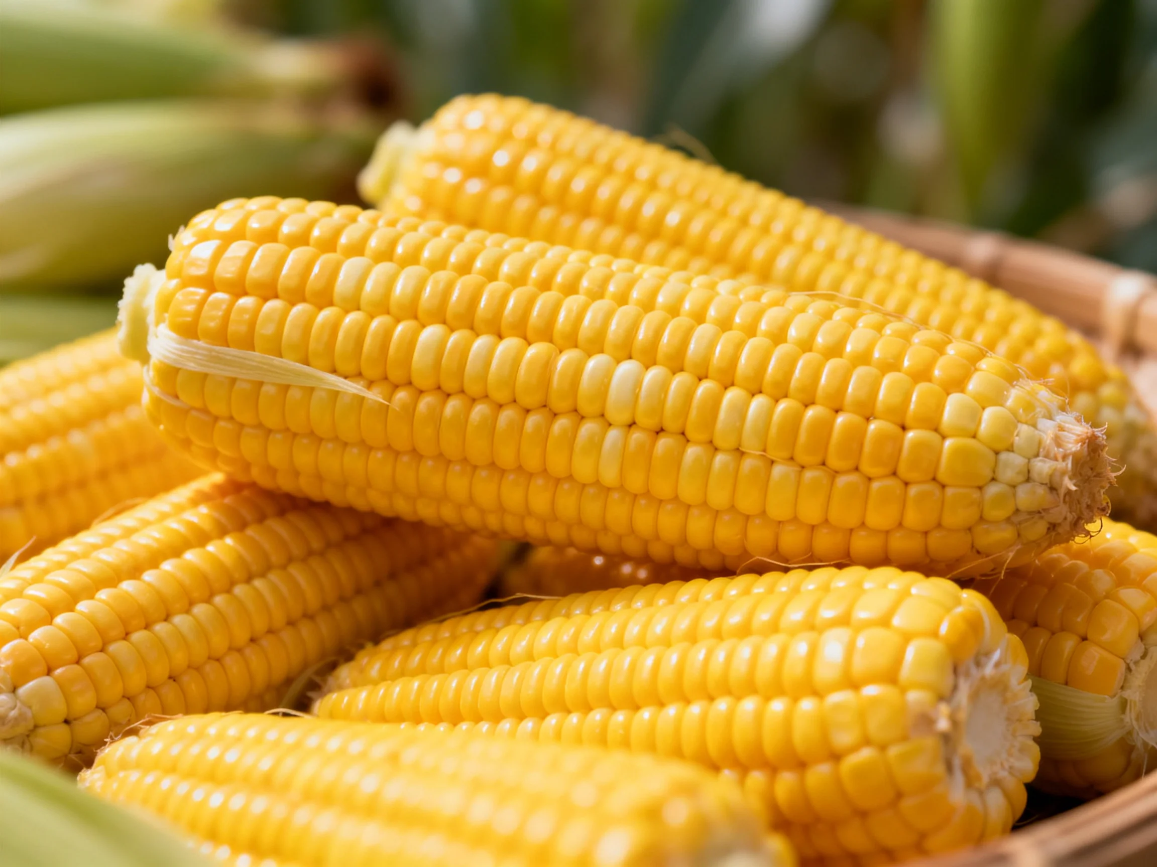 Multiple fresh golden corn cobs stacked in a wicker basket