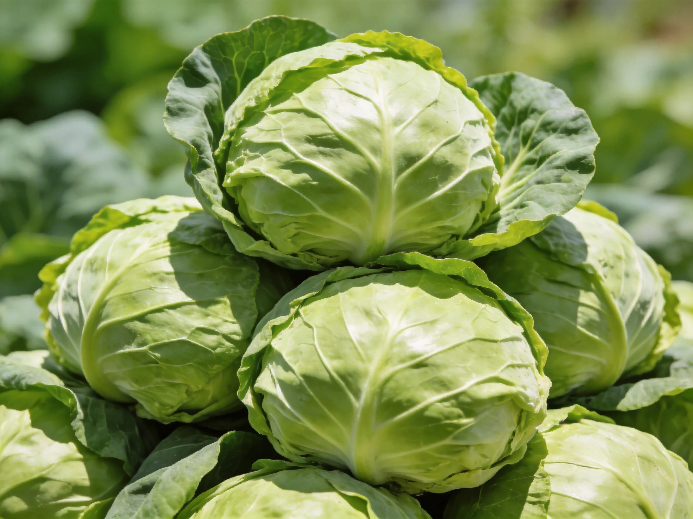 Multiple fresh green cabbages stacked in a sunlit outdoor setting