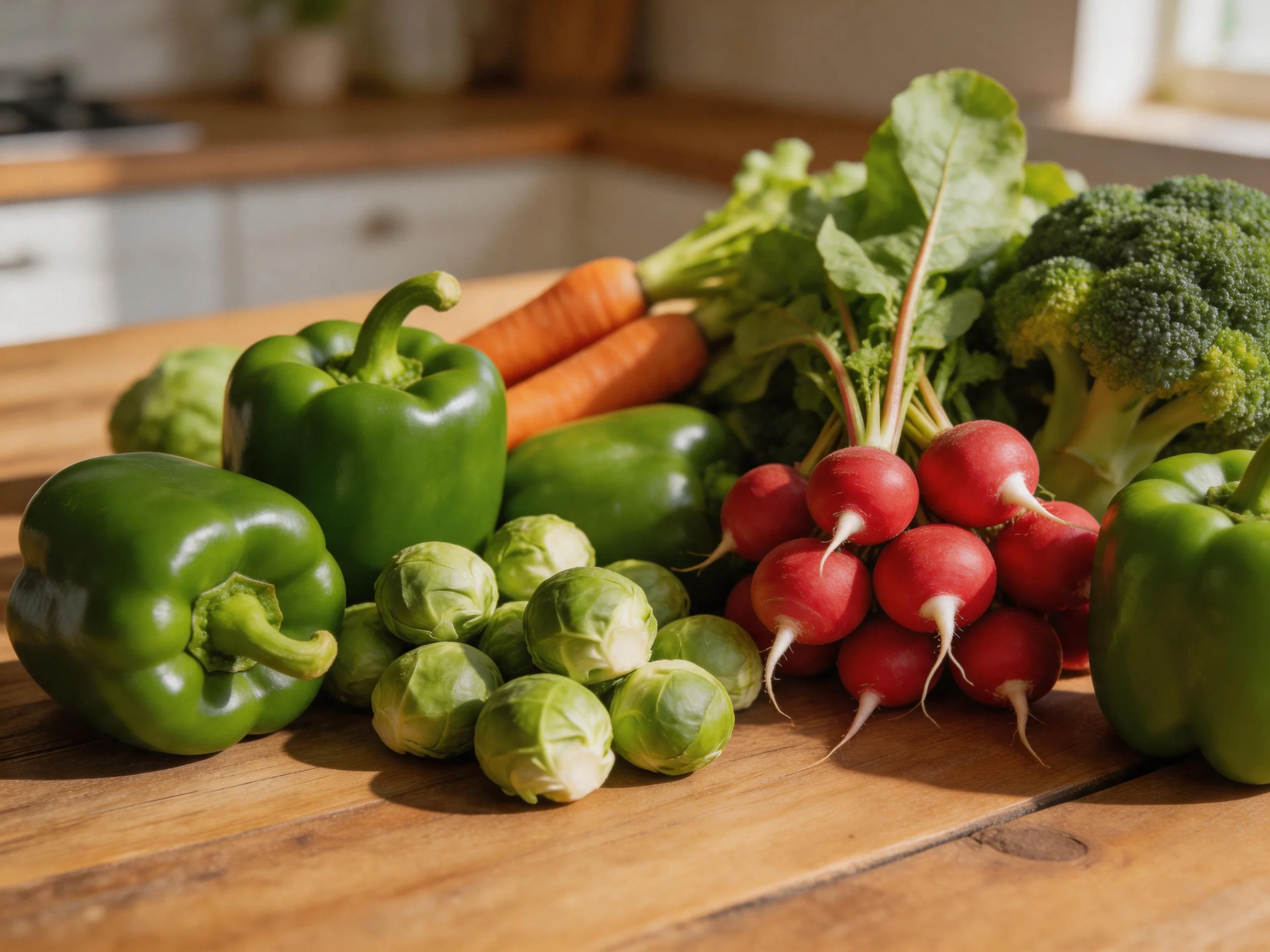 Multiple fresh vegetables including four green peppers, two carrots, broccoli, radishes, and brussels