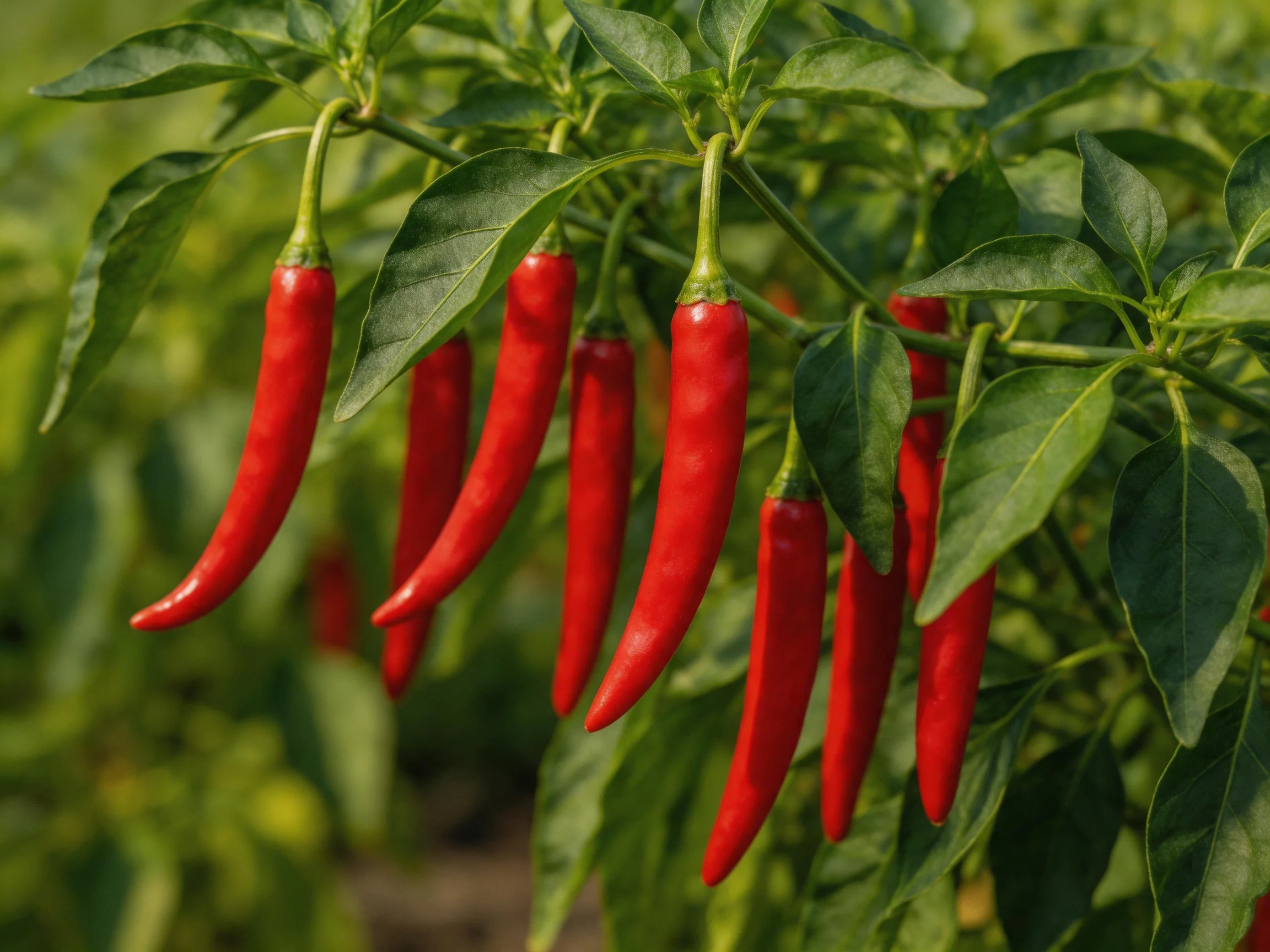 Multiple glossy red chili peppers grow amidst lush green foliage.
