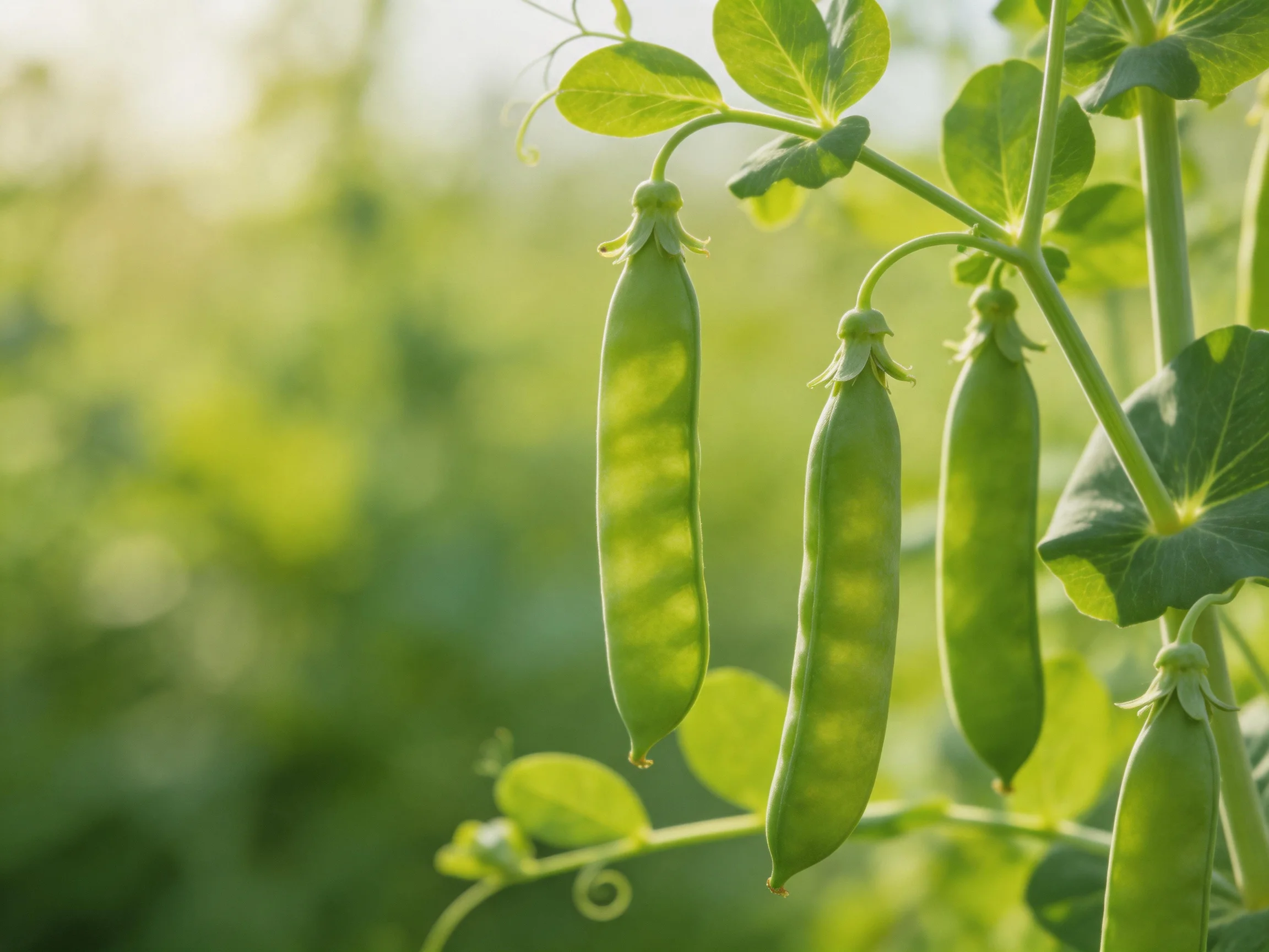 Multiple green pea pods hang from a leafy vine in a sunlit field