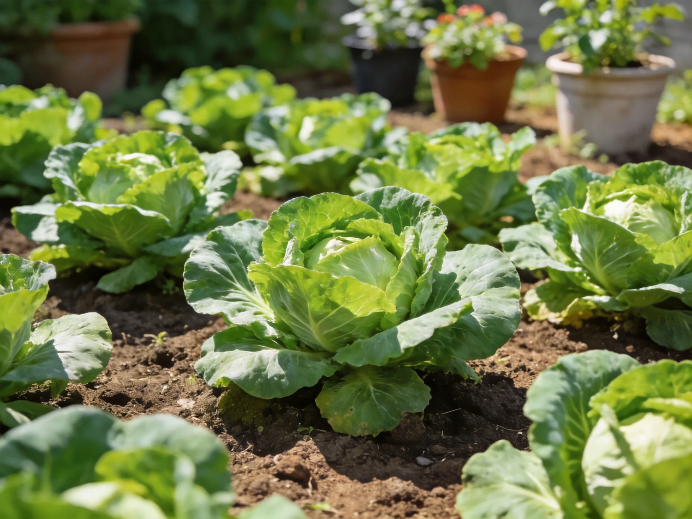Multiple lush green cabbage plants thrive in a sun-drenched garden bed with potted plants