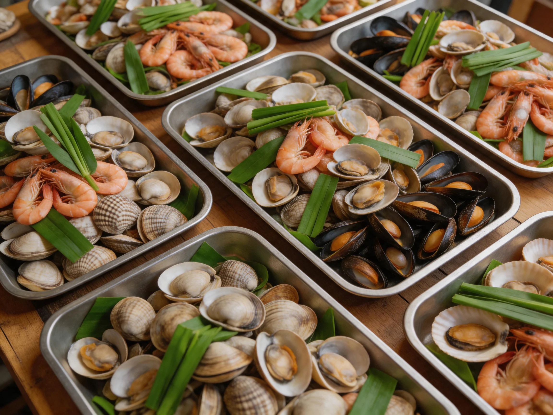 Multiple metal trays holding assorted fresh seafood varieties