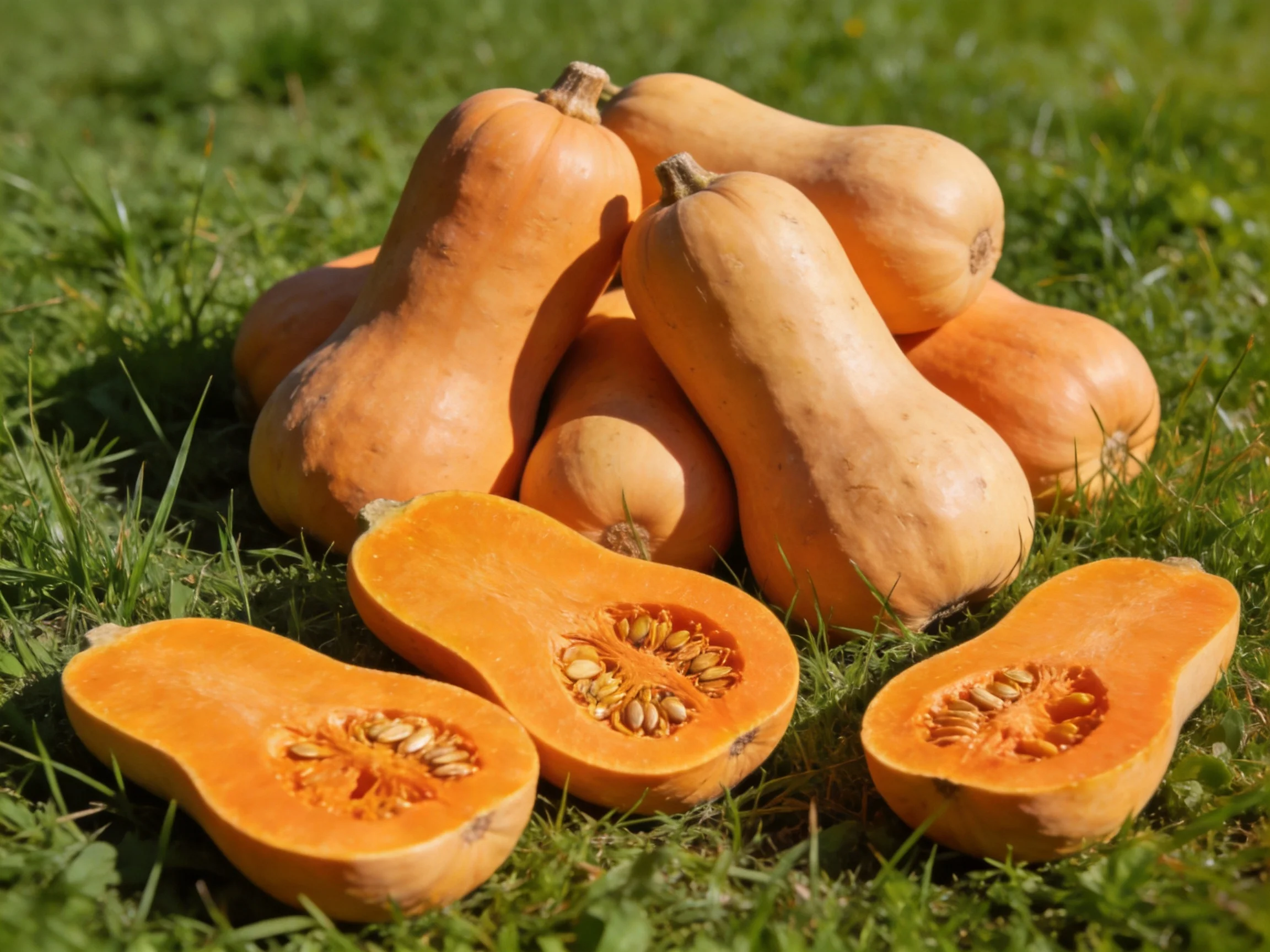 Multiple orange butternut squashes on green grass, some halved