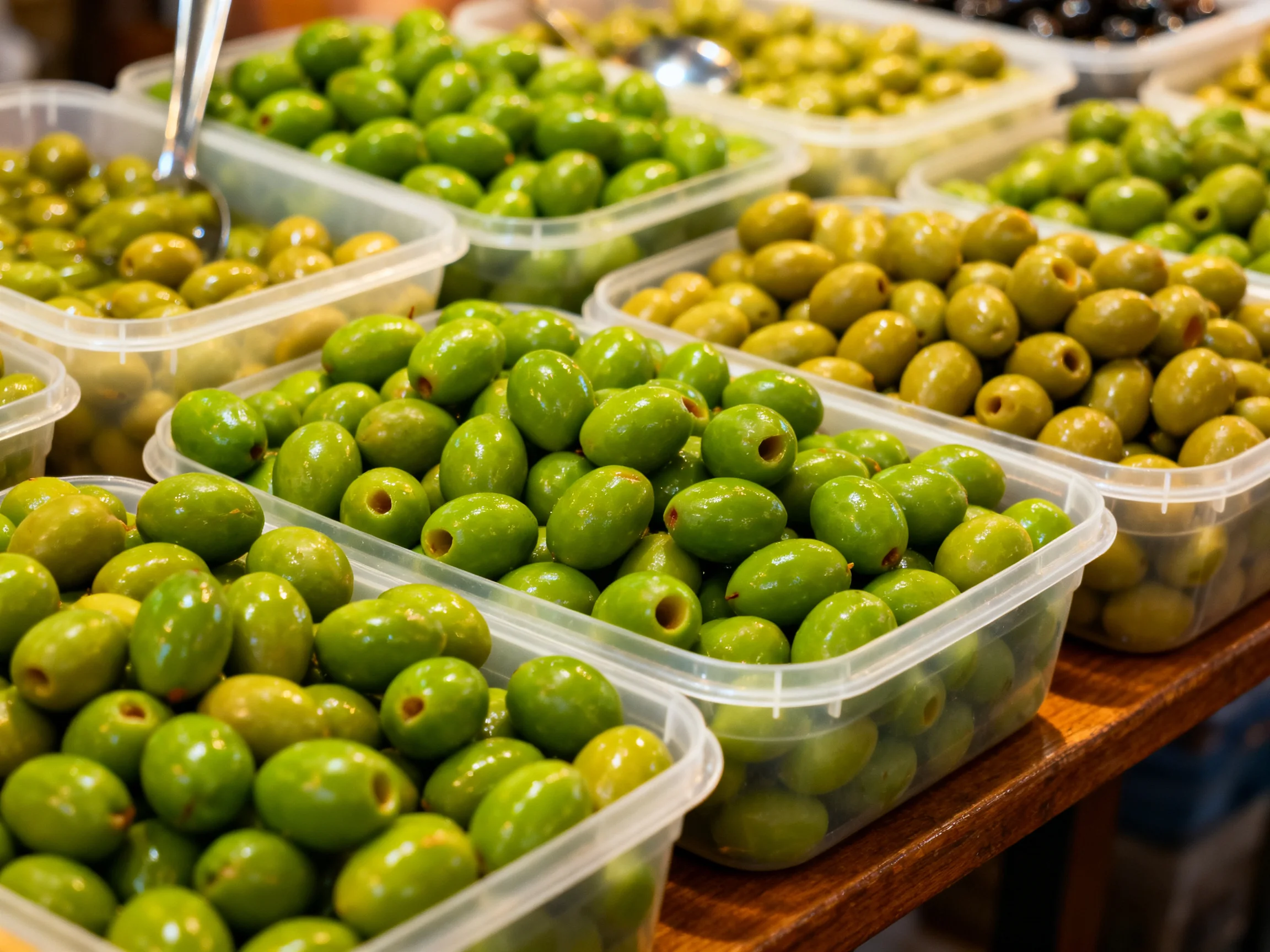 Multiple plastic containers filled with assorted green olives for sale