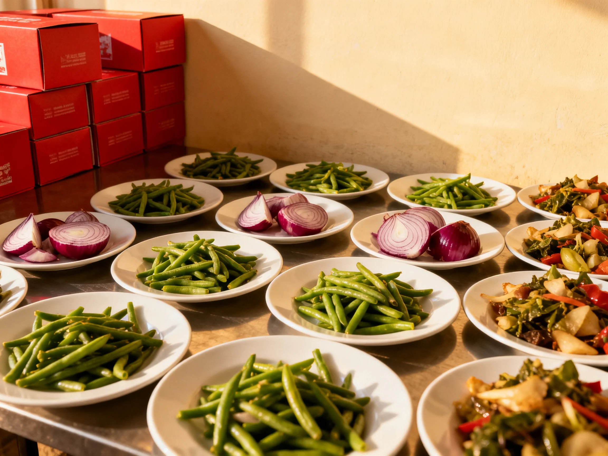 Multiple plates showing green beans, onions, and mixed vegetables near red storage boxes