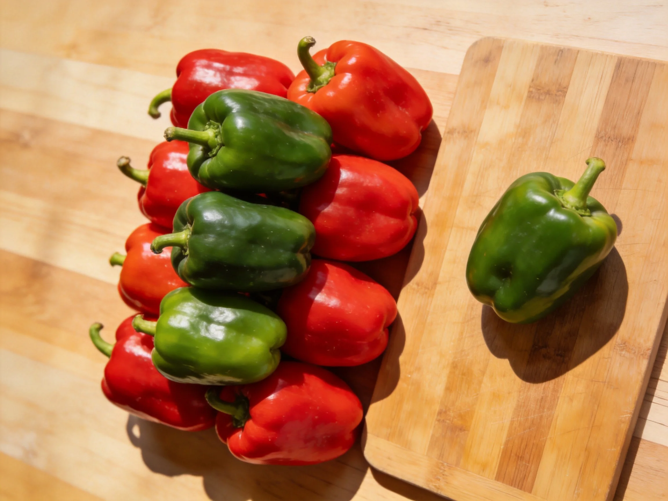 Multiple red and green bell peppers arranged beside a wooden cutting board