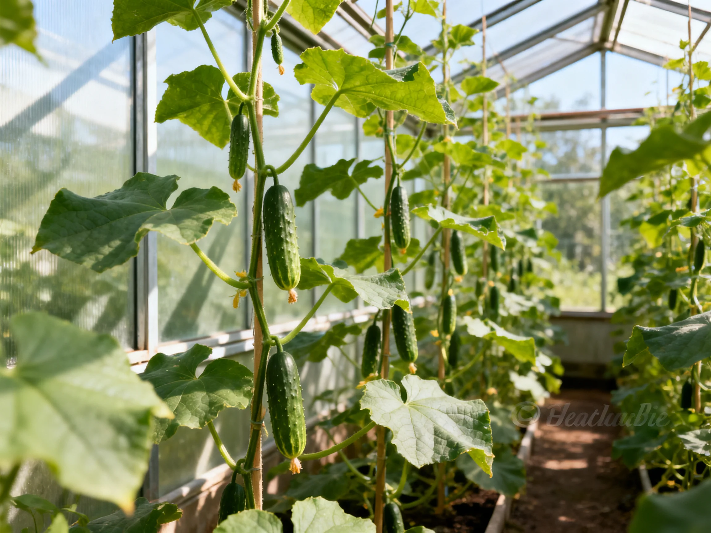Multiple rows of cucumber plants growing in a sunlit greenhouse