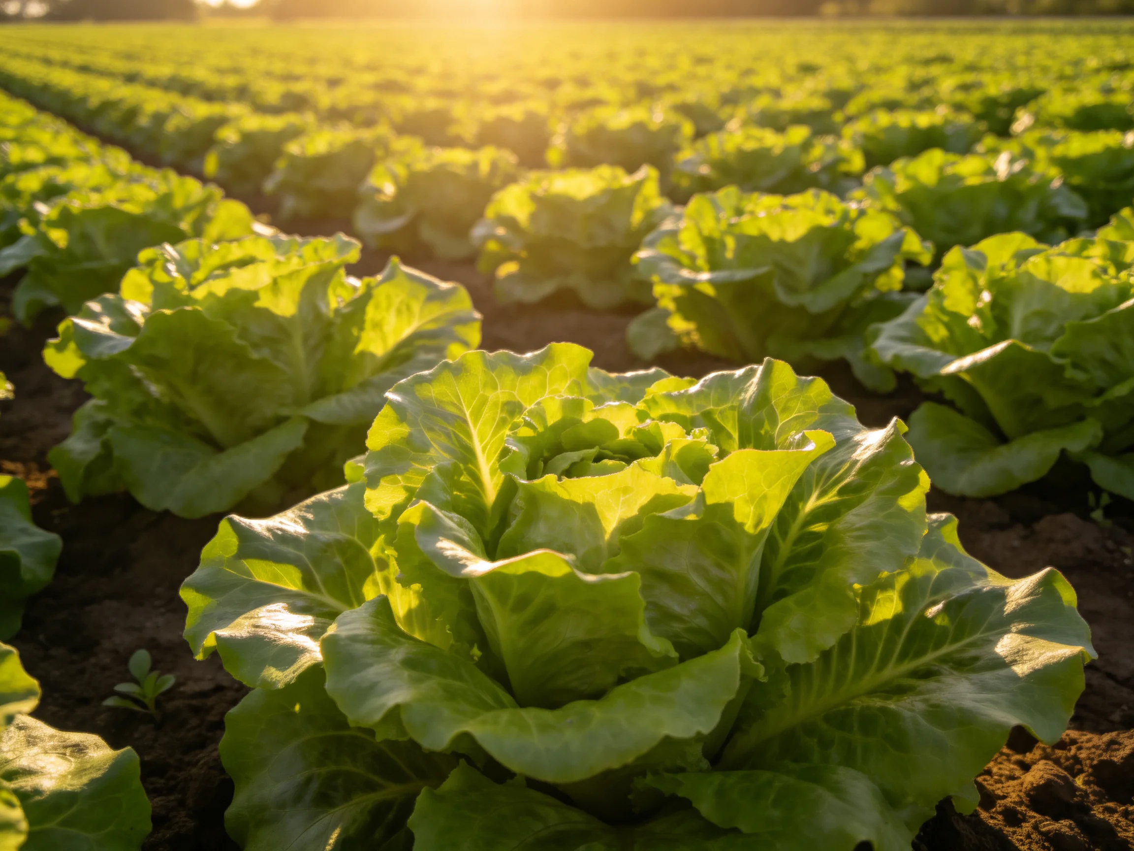 Multiple rows of vibrant green lettuce growing in agricultural field under golden sunlight