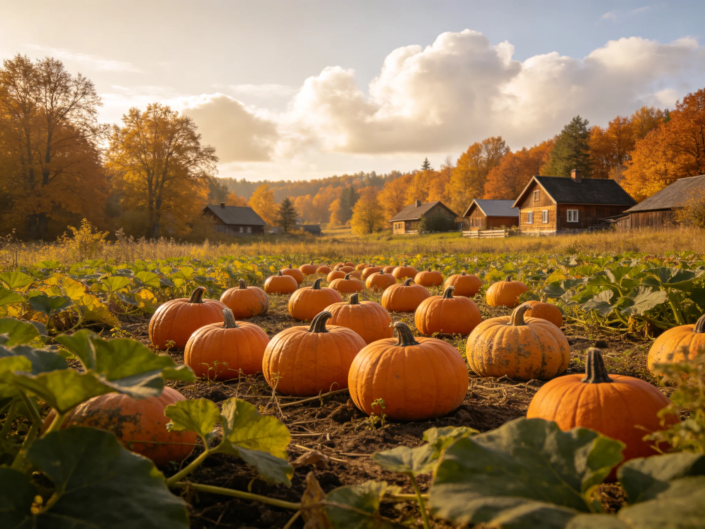 Multiple rows of vibrant orange pumpkins near rustic wooden homes