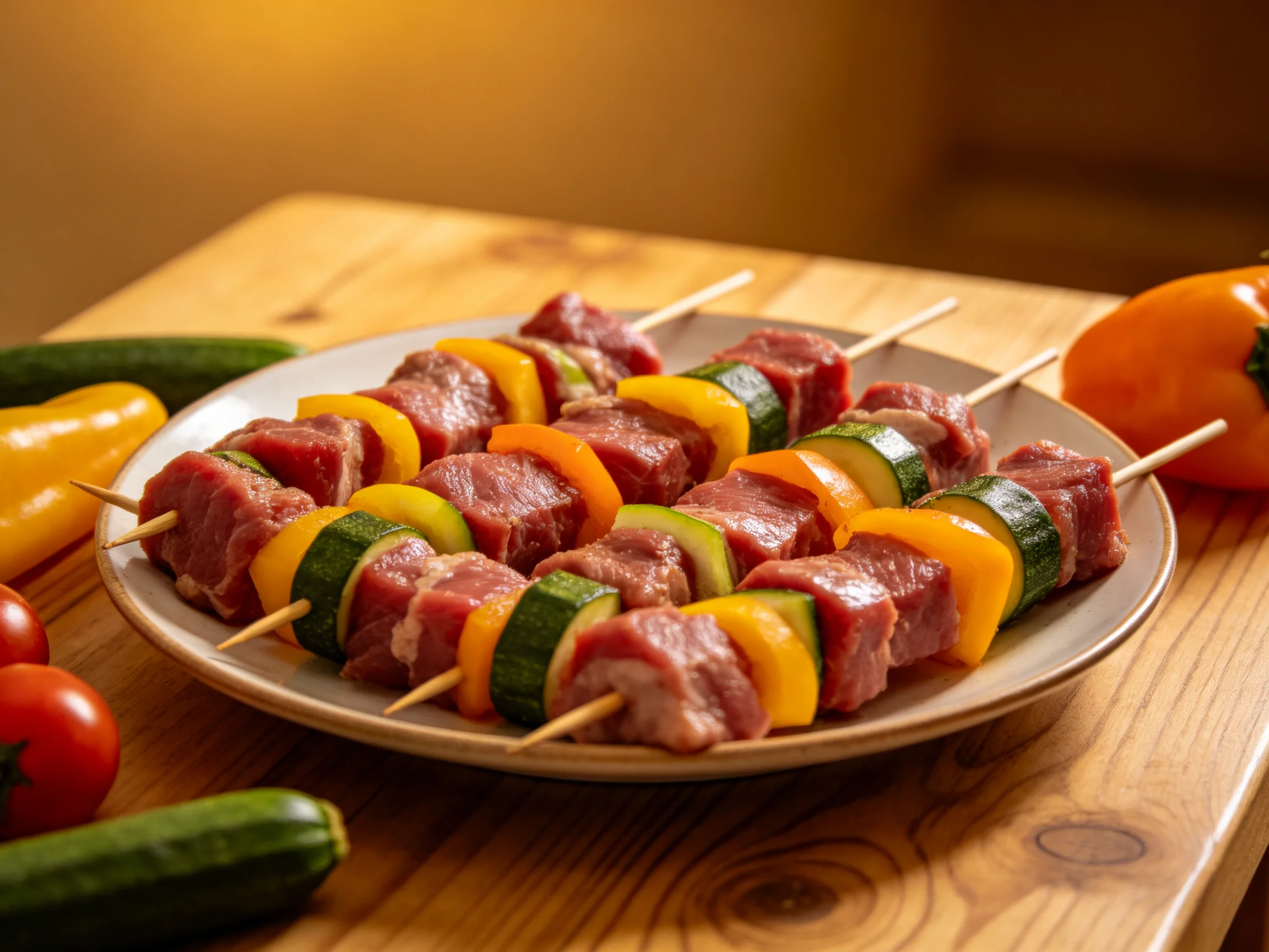 Multiple skewers of marinated meat and vibrant vegetables on a plate
