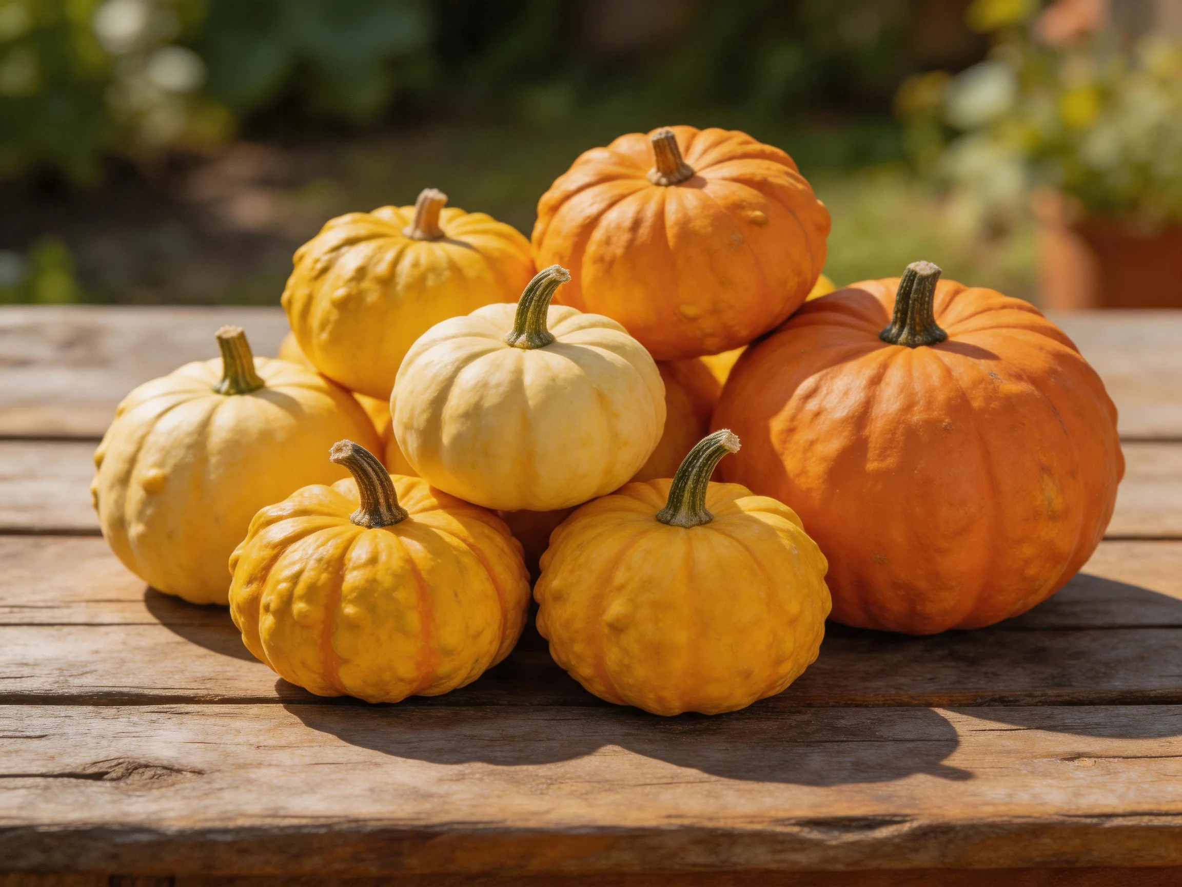 Multiple small and large pumpkins in yellow and orange arranged on a wooden table