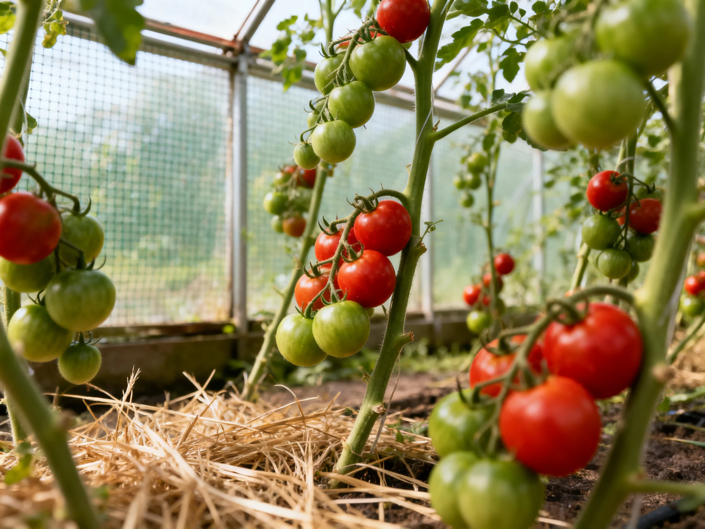 Multiple tomato plants bearing red and green tomatoes in a greenhouse setting