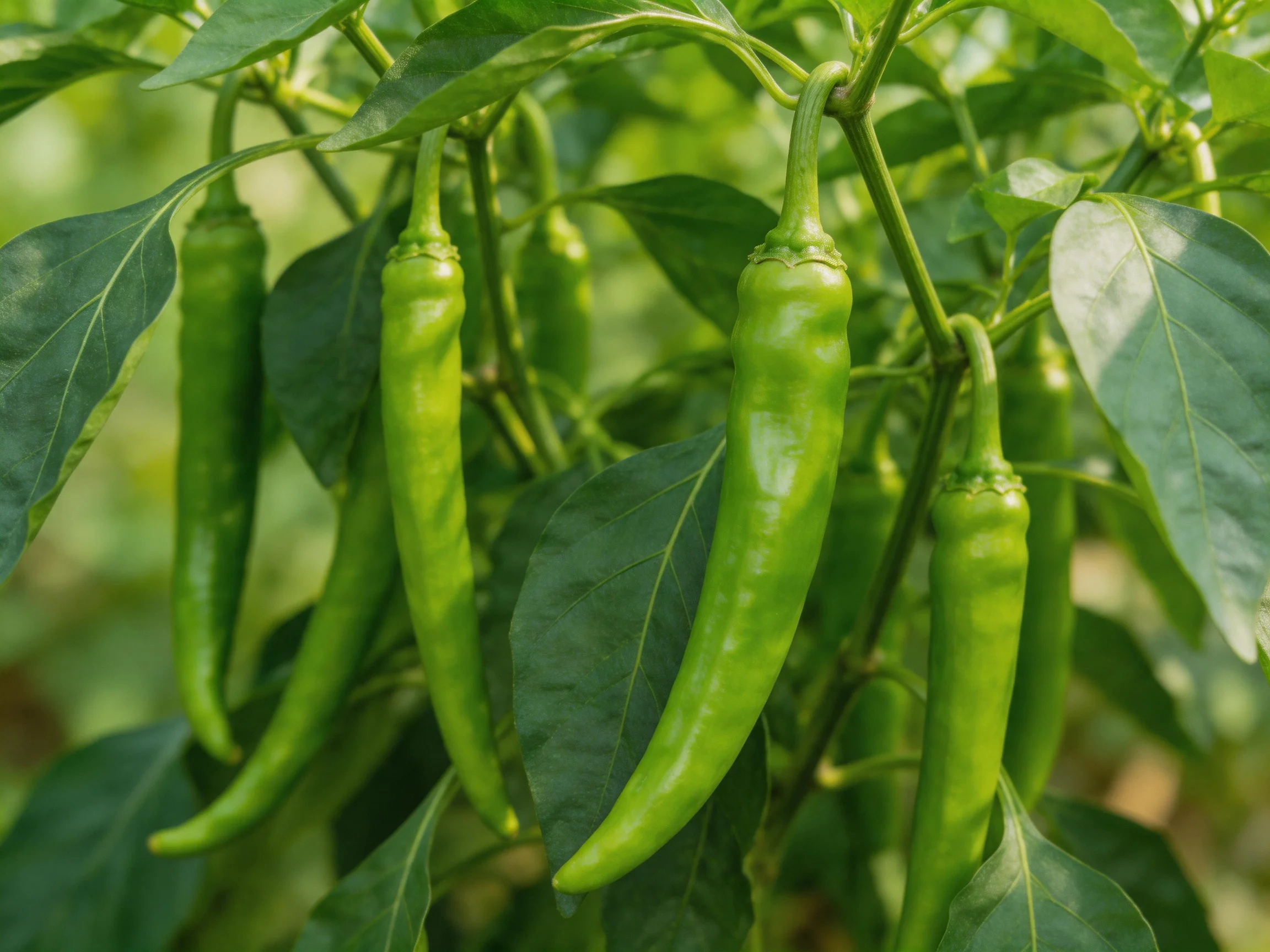 Multiple vibrant green chili peppers growing among lush green foliage